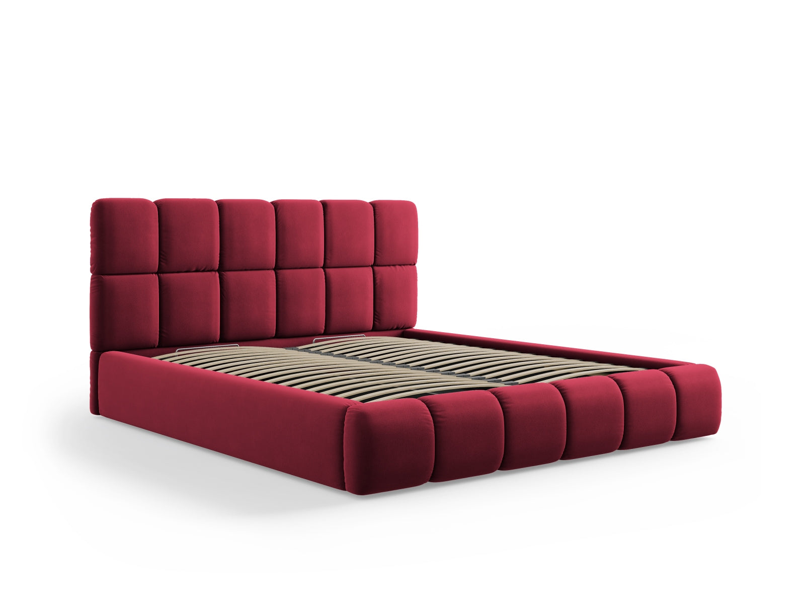 Luxuriöses rotes Velour Bett Bellis von Micadoni, ausgestattet mit Stauraum und einem ansprechenden Kopfteil für stilvolle Schlafzimmer.