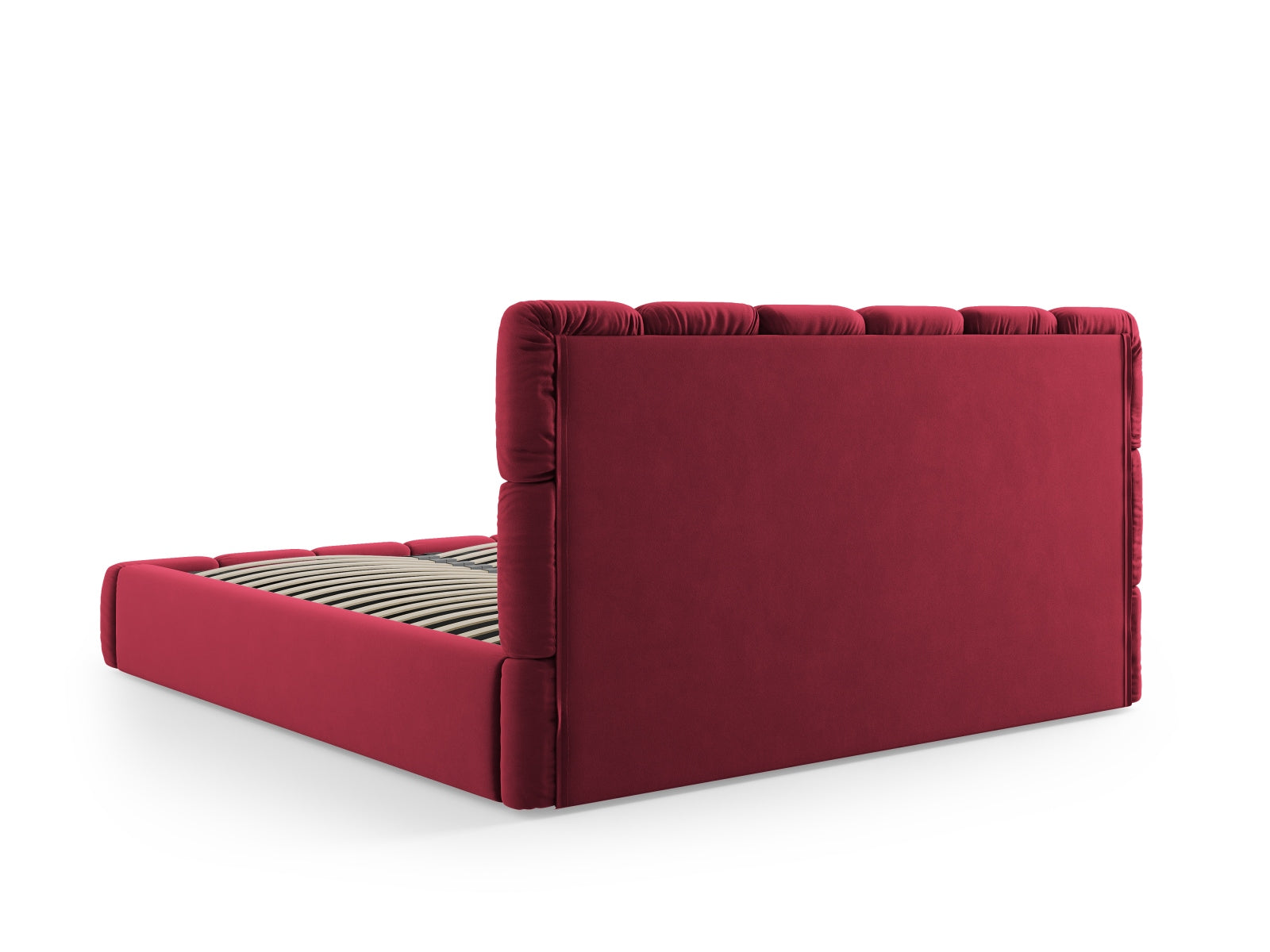 Stylisches Bellis Velourbett in Rot mit praktischem Stauraum und ansprechendem Kopfteil, ideal für jedes Schlafzimmer.