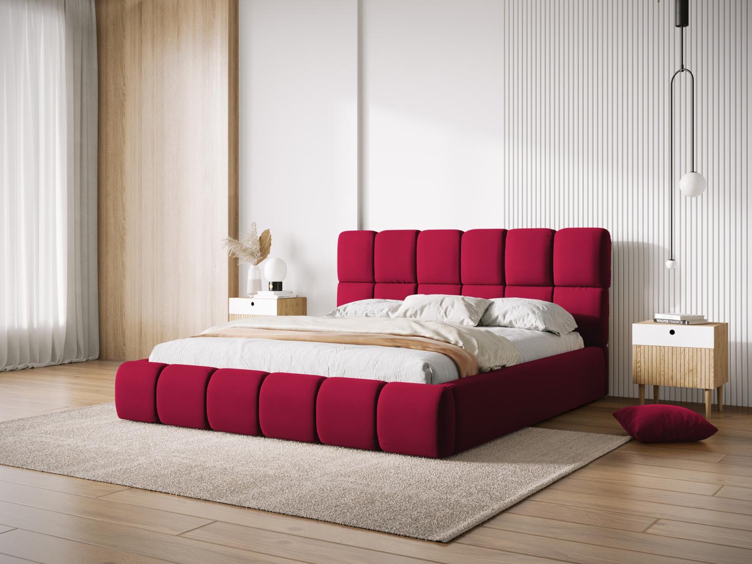 Elegantes Bellis Velour Bett in Rot mit praktischem Stauraum und stilvollem Headboard, ideal für moderne Schlafzimmer.