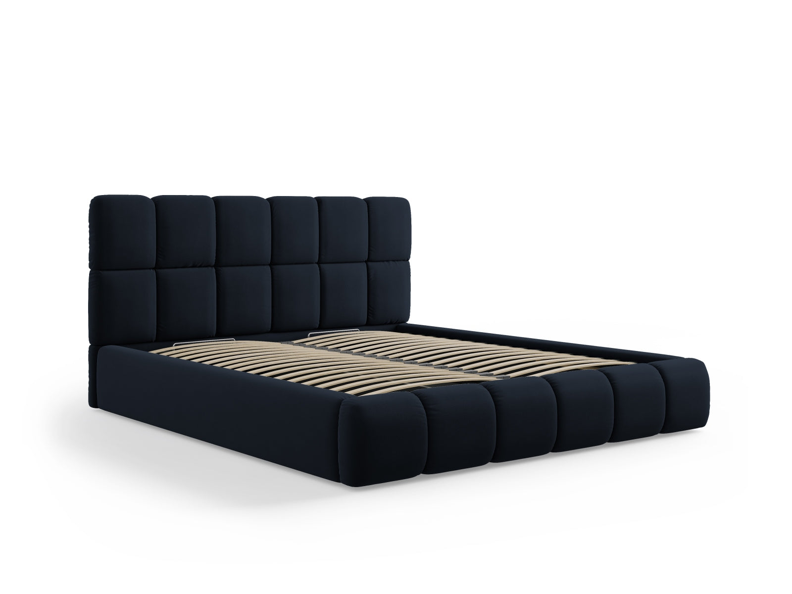 Luxuriöses Bellis Velour Bett in tiefem Blau, ausgestattet mit Stauraum und einem ansprechenden Kopfteil für zeitgemäße Wohnräume.