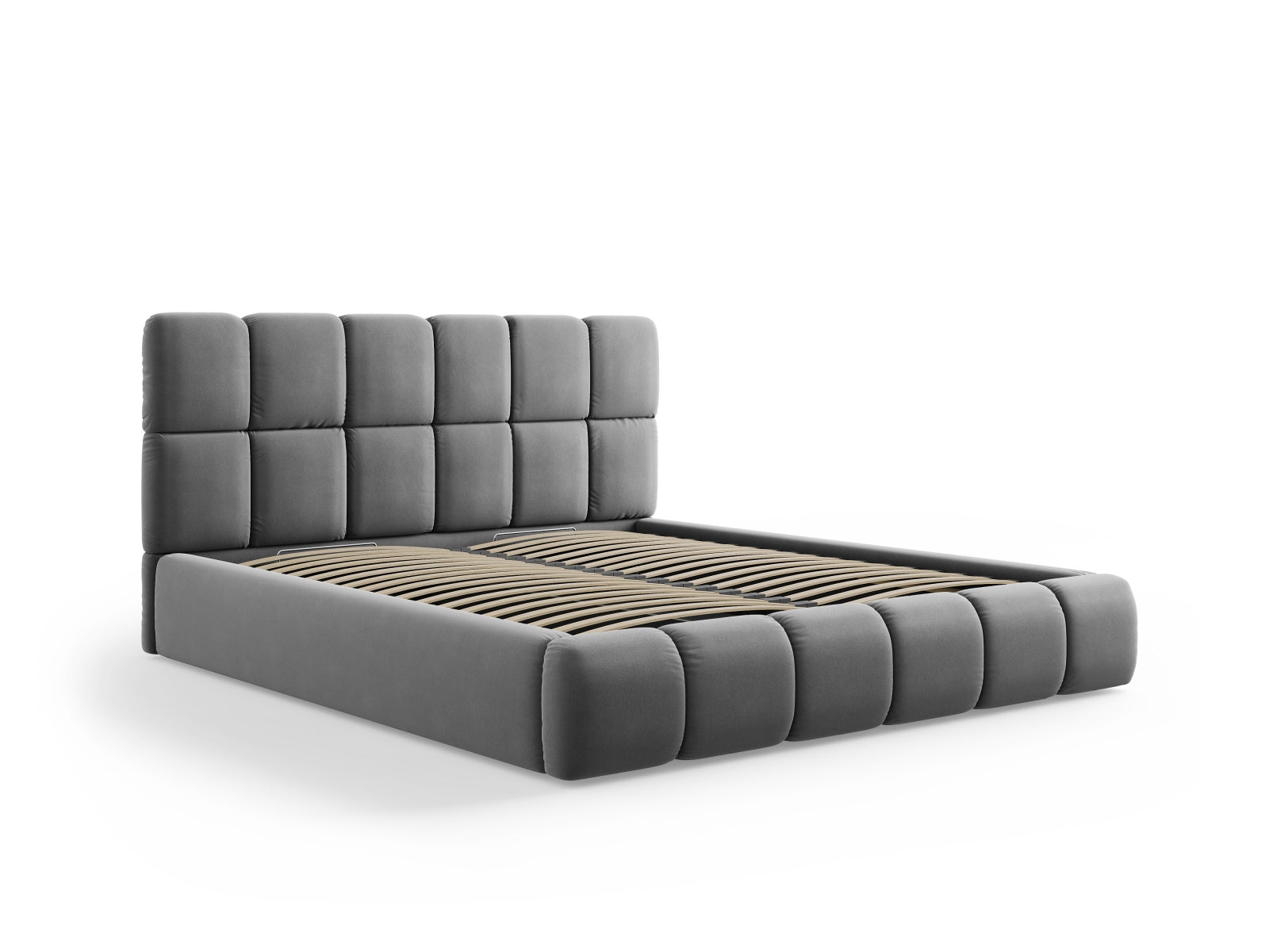Stylisches Bellis Velour Bett in Grey-Bluvel, ausgestattet mit praktischem Stauraum und einem eleganten Kopfteil für zeitgemäße Schlafzimmer.