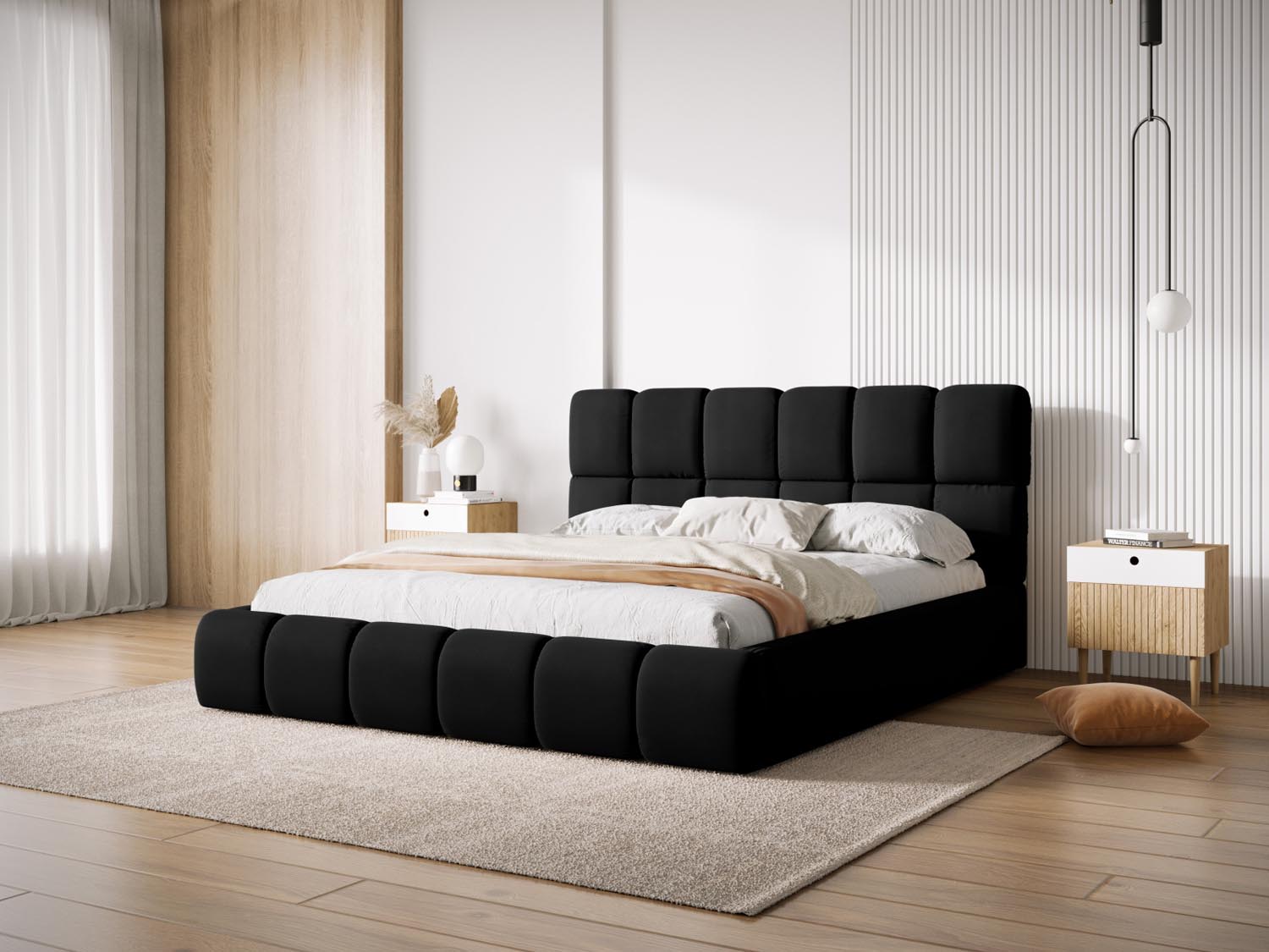 Elegantes Bellis Velour Bett in Schwarz-Bluvel mit praktischem Stauraum und stilvollem Headboard, ideal für moderne Schlafzimmer.