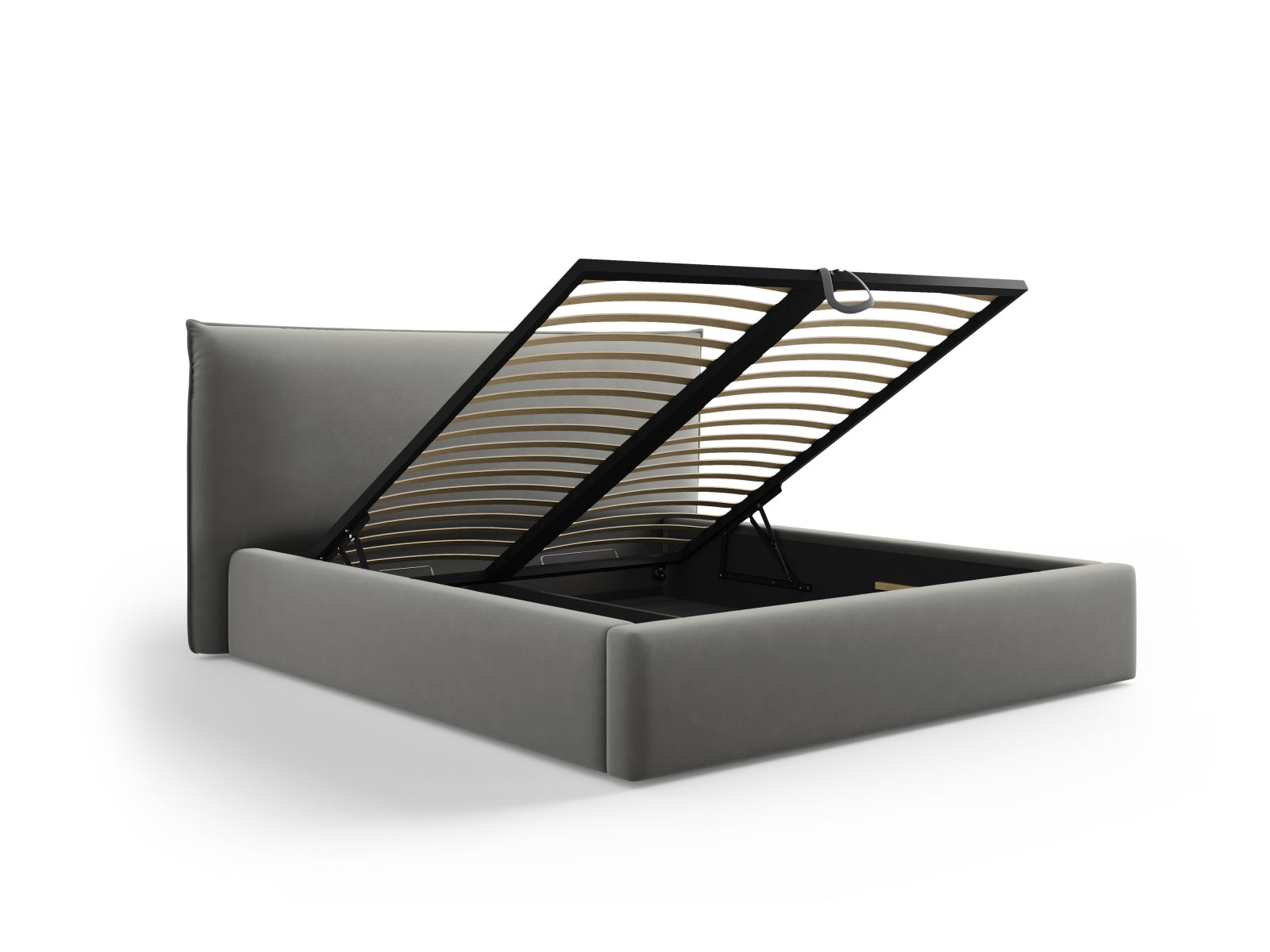Elegantes Kaelle Velour Bett in dezentem Grau, ausgestattet mit praktischem Stauraum und einem modernen Kopfteil für stilvolle Schlafzimmer.