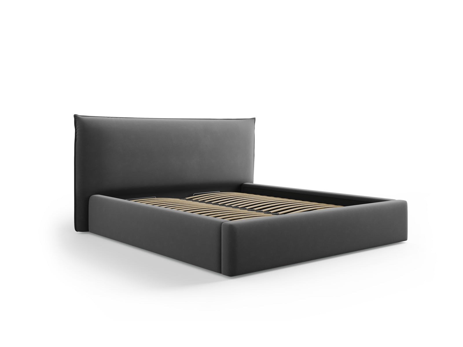 Elegantes Kaelle Velour Bett in Grey-Bluvel mit praktischem Stauraum und stilvollem Headboard, ideal für moderne Schlafzimmer.