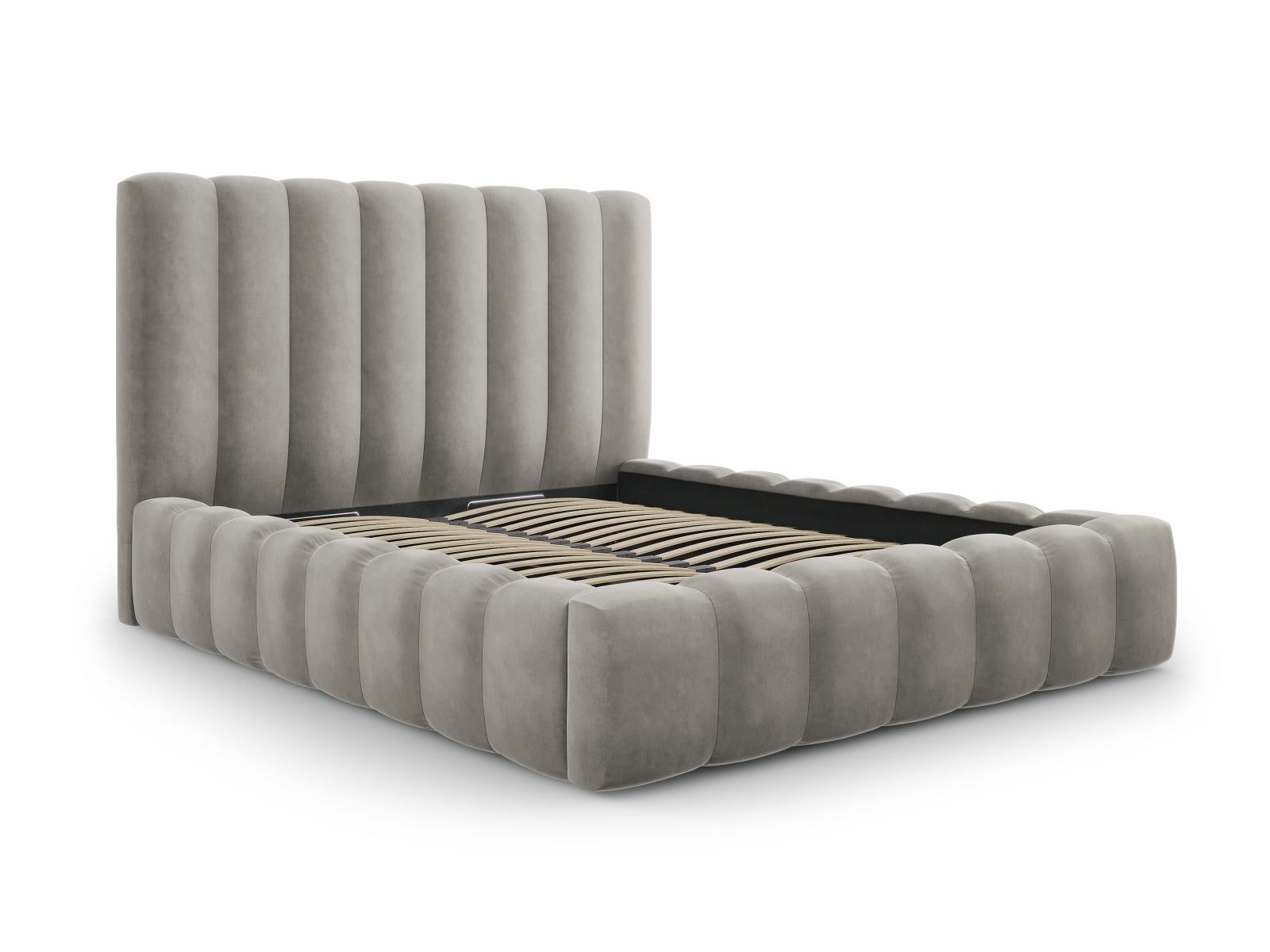 Erleben Sie das elegante Kelp Velour Bett von Micadoni – ideal für Ihr modernes Schlafzimmer, ausgestattet mit praktischem Stauraum und einem komfortablen Headboard.