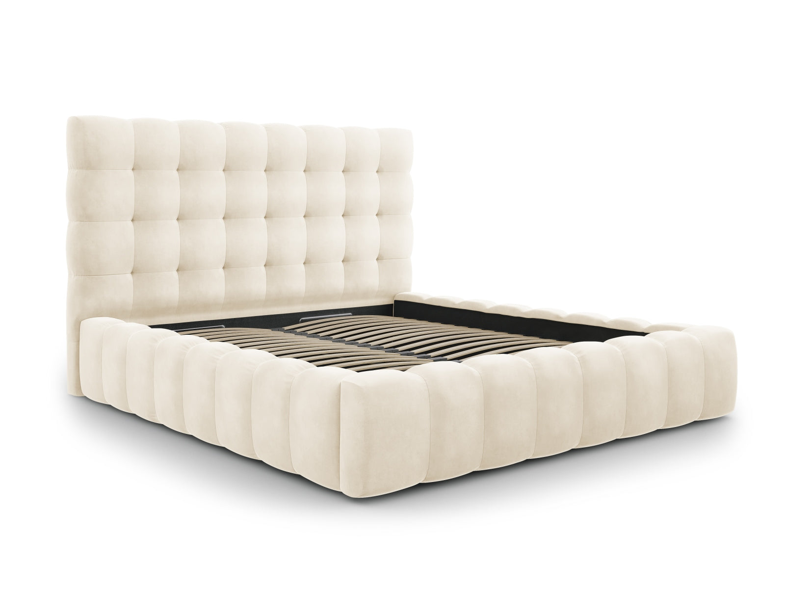 Stilvolles Mamaia Velour Bett in sanftem Beige, ausgestattet mit praktischem Stauraum und einem eleganten Kopfteil für zeitgemäße Schlafzimmer.