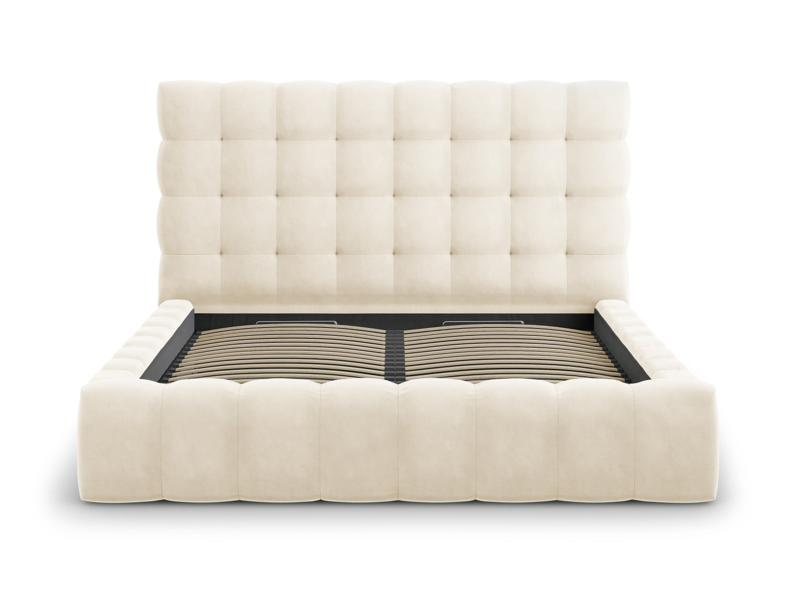 Elegantes Mamaia Velour Bett in zartem Beige, ideal für moderne Schlafzimmer, bietet praktischen Stauraum und ein stilvolles Kopfteil.