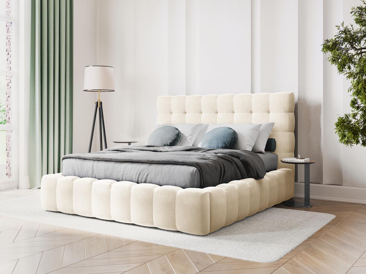 Elegantes Mamaia Velour Bett in Light Beige mit praktischem Stauraum und stilvollem Headboard, ideal für moderne Schlafzimmer.