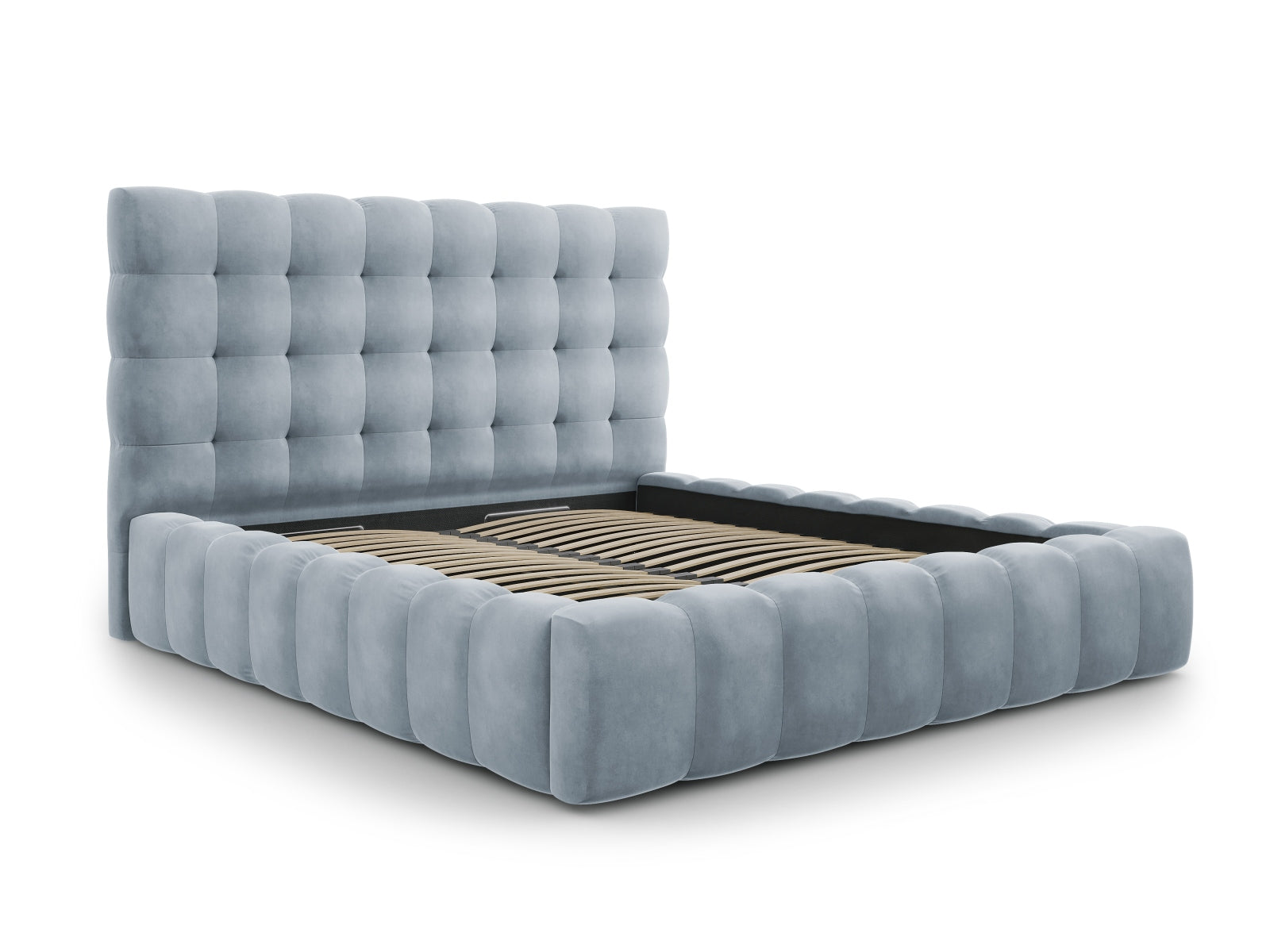 Stilvolles Mamaia Velour Bett in zartem Hellblau, ausgestattet mit praktischem Stauraum und einem eleganten Kopfteil für ein modernes Ambiente.
