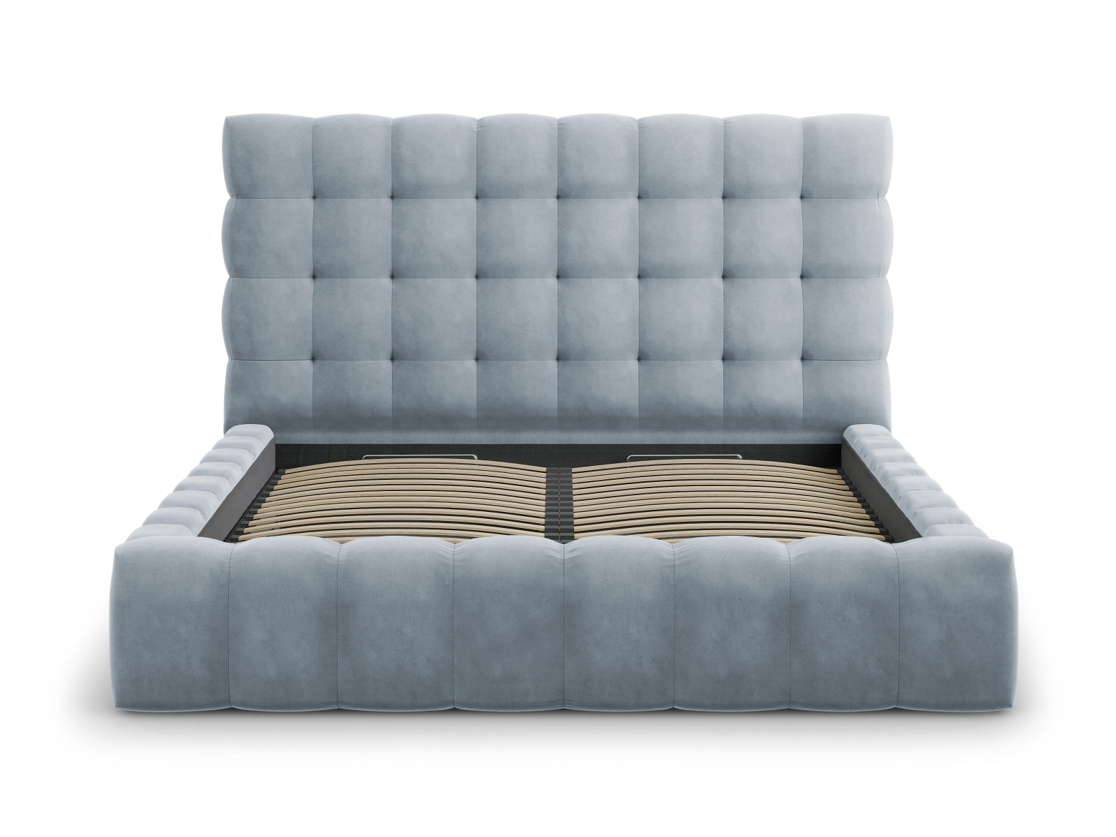 Elegantes Mamaia Velour Bett in sanftem Hellblau, ideal für stilvolle Schlafzimmer, mit praktischem Stauraum und ansprechendem Kopfteil.