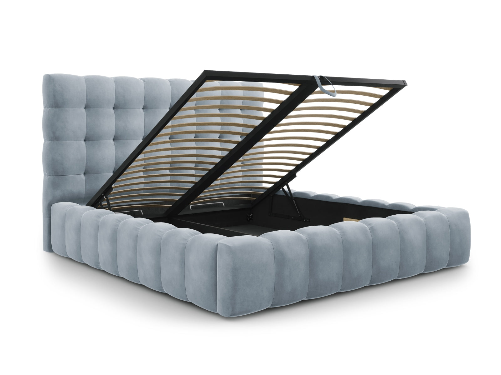 Stilvolles Mamaia Velour Bett in zartem Hellblau, ausgestattet mit praktischem Stauraum und einem eleganten Kopfteil für modernen Komfort.
