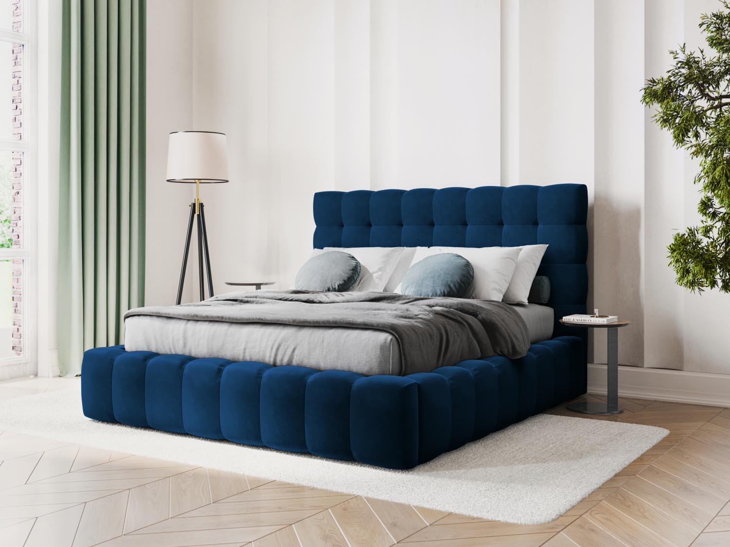 Elegantes Mamaia Velour Bett in Royal Blue mit praktischem Stauraum und stilvollem Headboard, ideal für moderne Schlafzimmer.