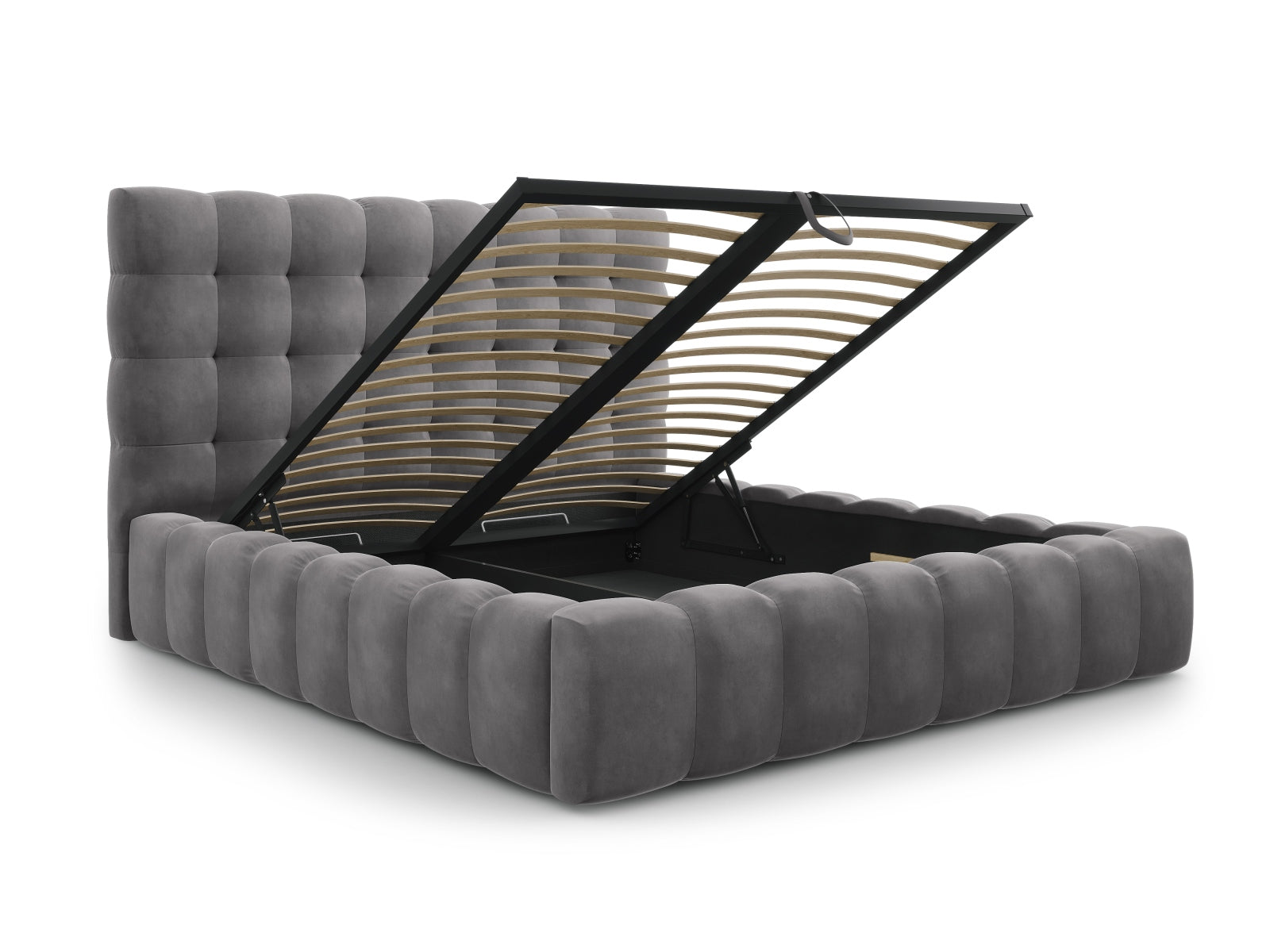 Stilvolles Mamaia Velour Bett in Grau mit großzügigem Stauraum und ansprechendem Kopfteil, perfekt für moderne Schlafzimmer.