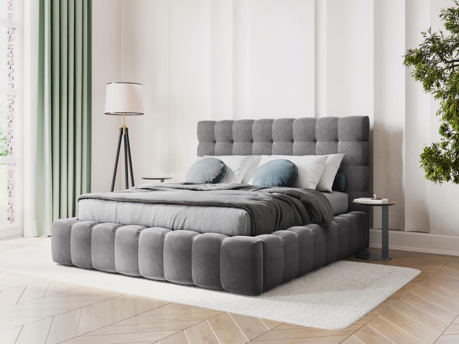 Elegantes Mamaia Velour Bett in Grau mit praktischem Stauraum und stilvollem Headboard, ideal für moderne Schlafzimmer.