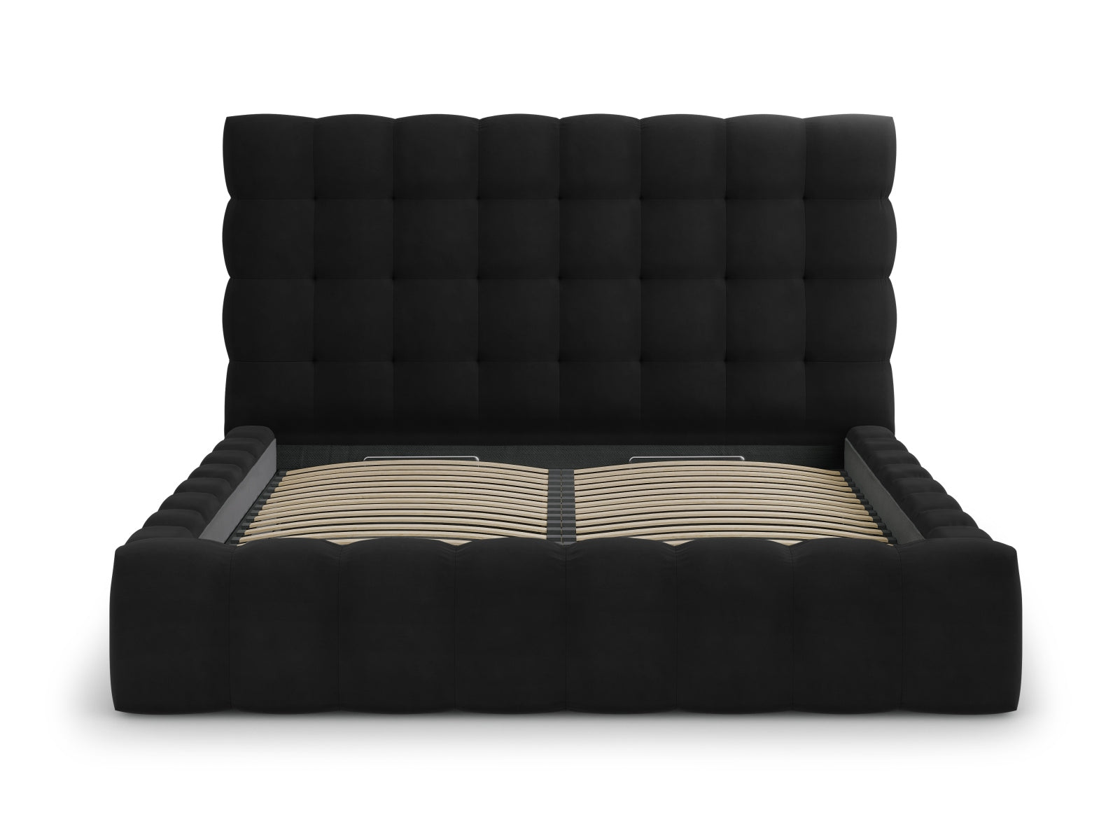 Elegantes Mamaia Velour Bett in Schwarz mit praktischem Stauraum und geschmackvollem Kopfteil, ideal für moderne Schlafzimmer.