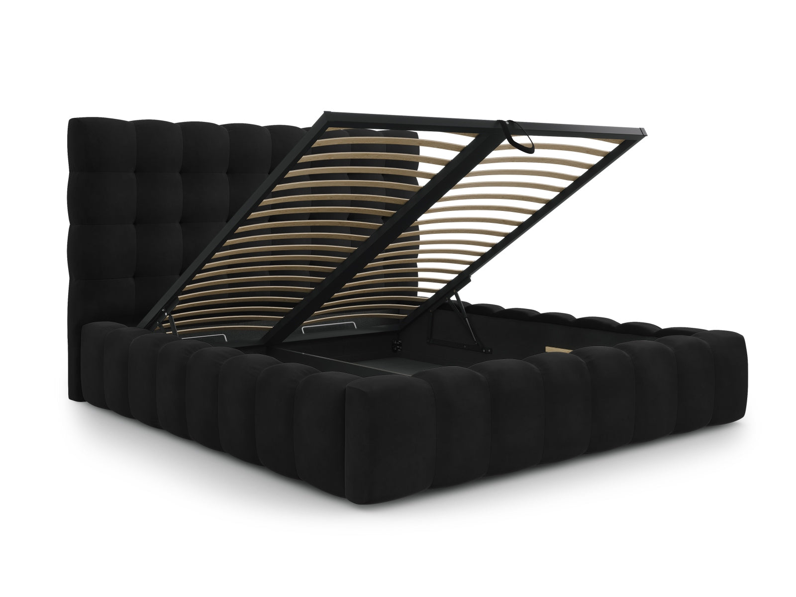 Stylisches Mamaia Velour Bett in edlem Schwarz, ausgestattet mit Stauraum und einem ansprechenden Kopfteil für zeitgemäße Schlafzimmer.
