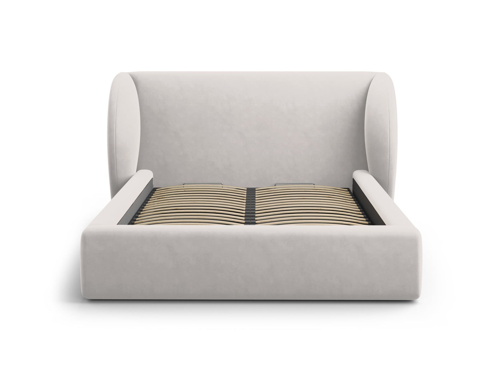 Luxuriöses Miley Velour Bett in Silver-Bluvel, ausgestattet mit Stauraum und einem ansprechenden Kopfteil, perfekt für stilvolle Schlafräume.