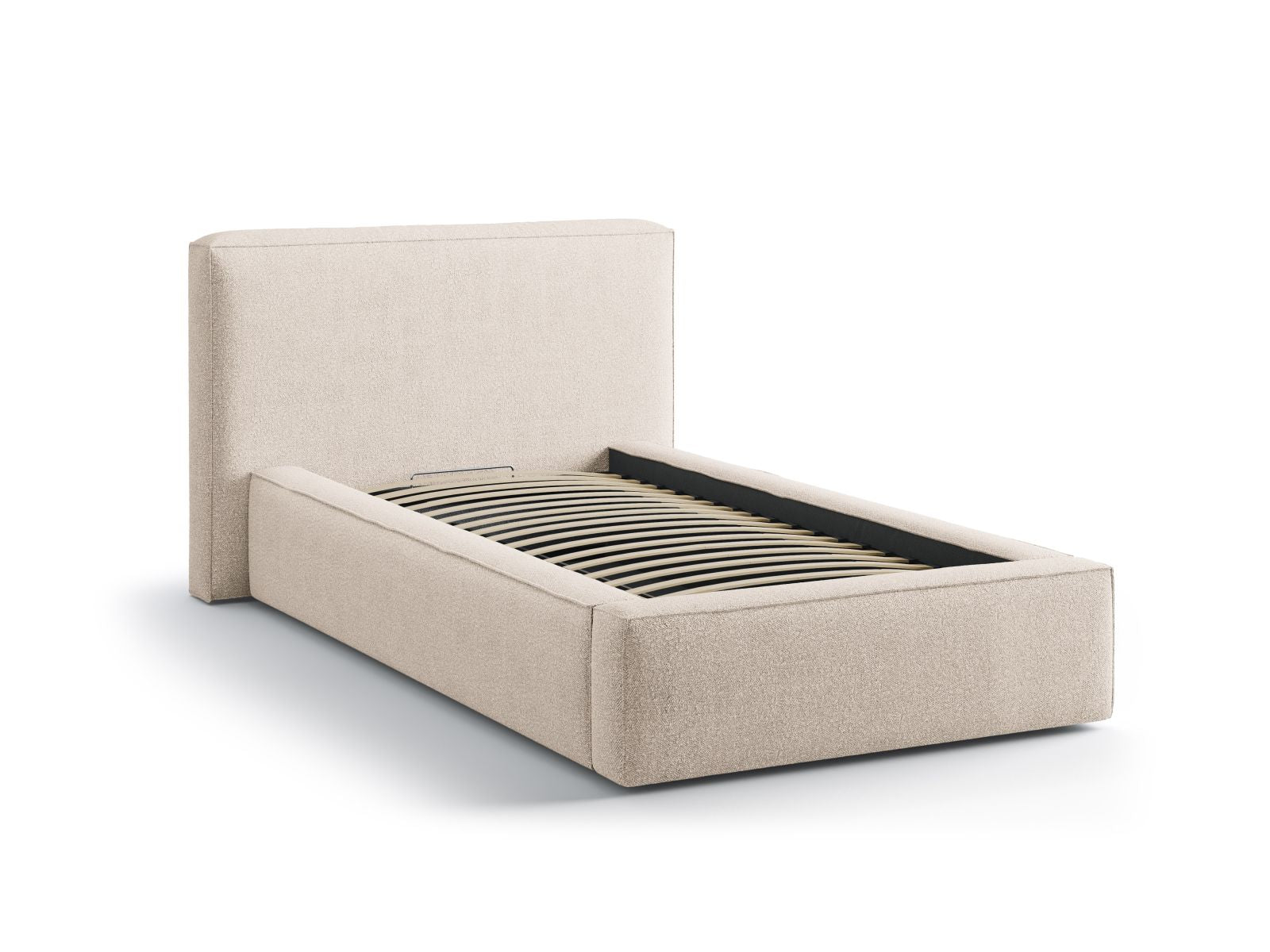 Elegantes Jodie Bett mit 90 cm Breite, ausgestattet mit praktischem Stauraum und einem stilvollen Kopfteil in sanftem Beige.
