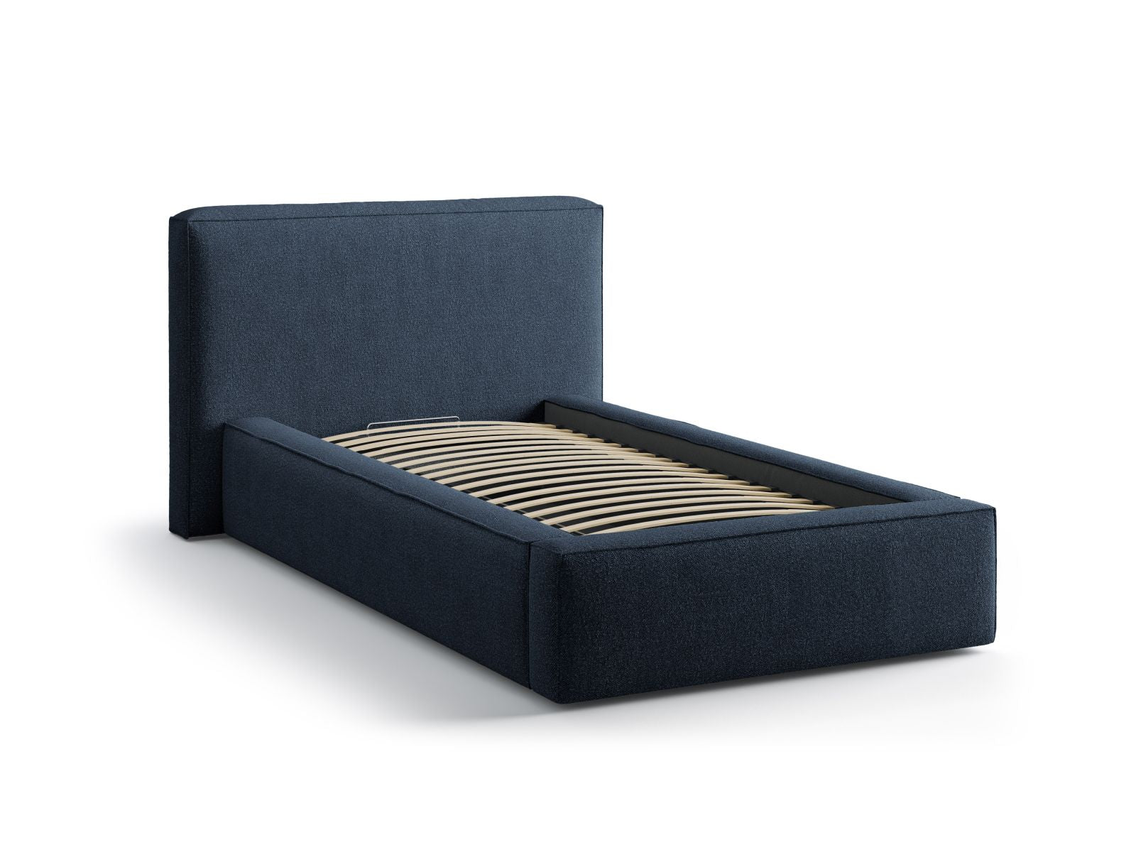 Elegantes Jodie Bett in tiefem Blau, ausgestattet mit praktischem Stauraum und einem ansprechenden Kopfteil, ideal für platzsparende Lösungen.