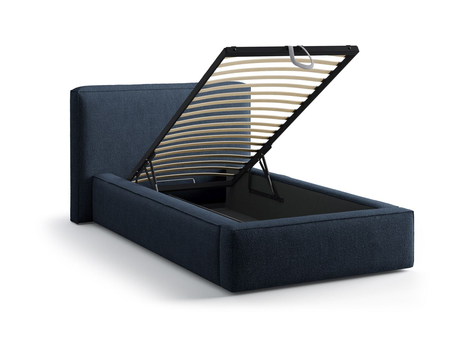 Stylisches Jodie Bett in edlem Blau, bietet cleveren Stauraum und ein modernes Kopfteil, perfekt für kleine Schlafzimmer.