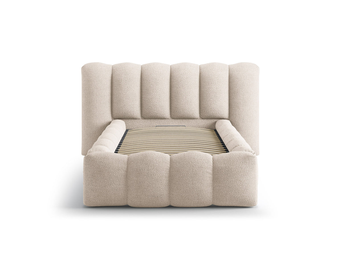 Lupine Stauraumbett mit Kopfteil 90 x 200 cm von Micadoni in Light Beige-Moly, Metallrahmen mit Sperrholzlatten und schwarzen Kunststoffbeinen.