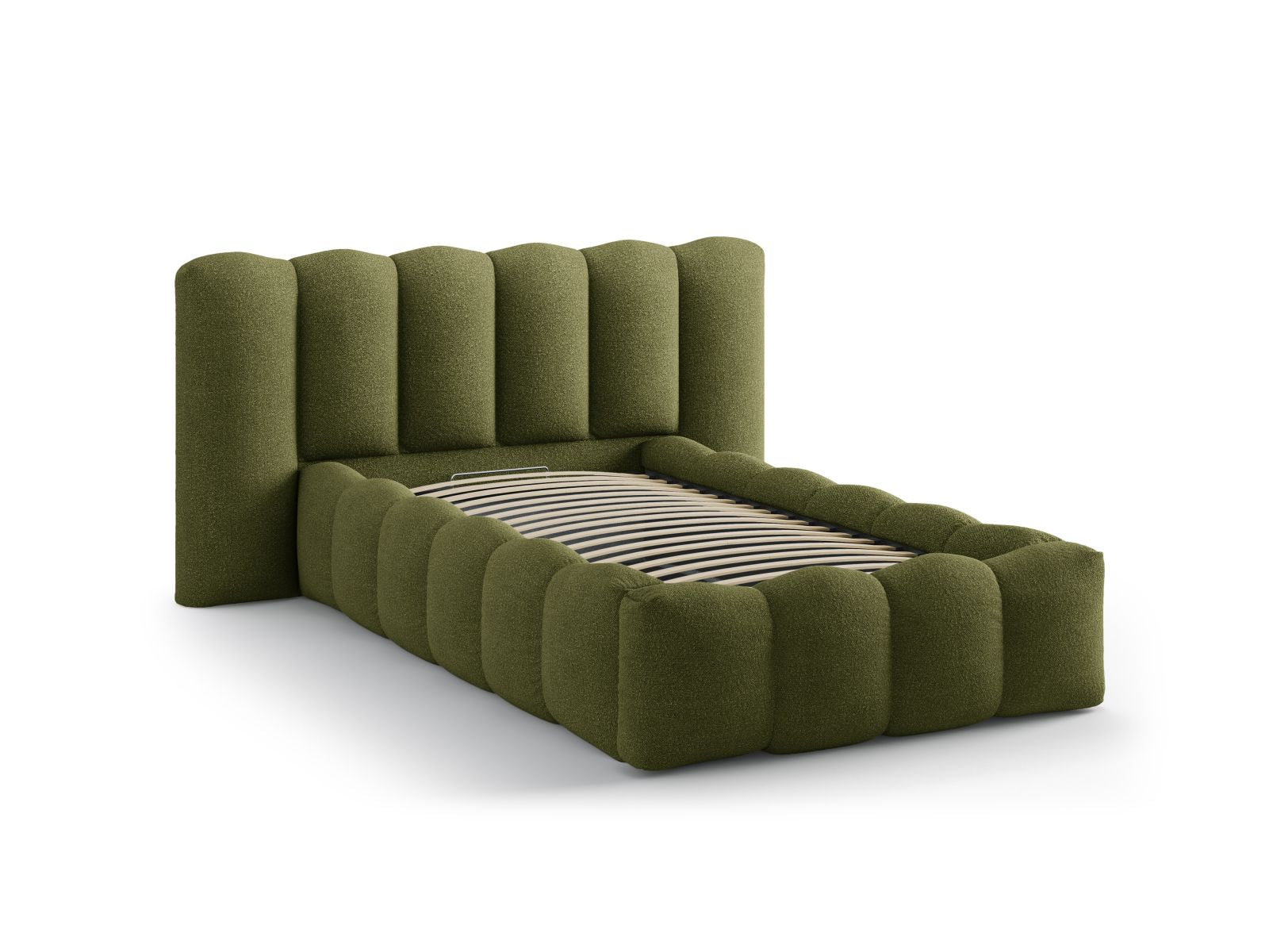 Elegantes Lupine Bett in Dunkelolivgrün mit integriertem Stauraum und Kopfteil, ideal für funktionale und stilvolle Schlafräume.