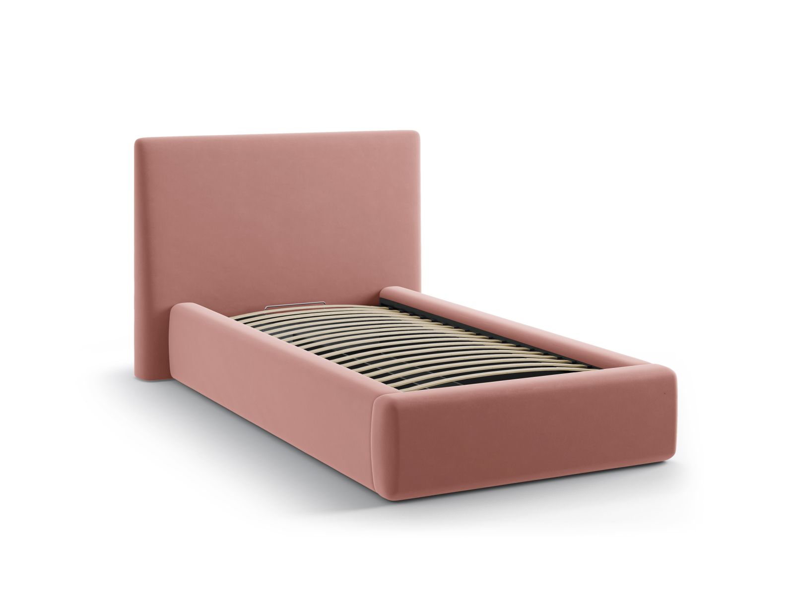 Stylisches Amy Bett in zartem Pink-Magic Velvet, bietet cleveren Stauraum und ein ansprechendes Kopfteil für ein modernes Ambiente.