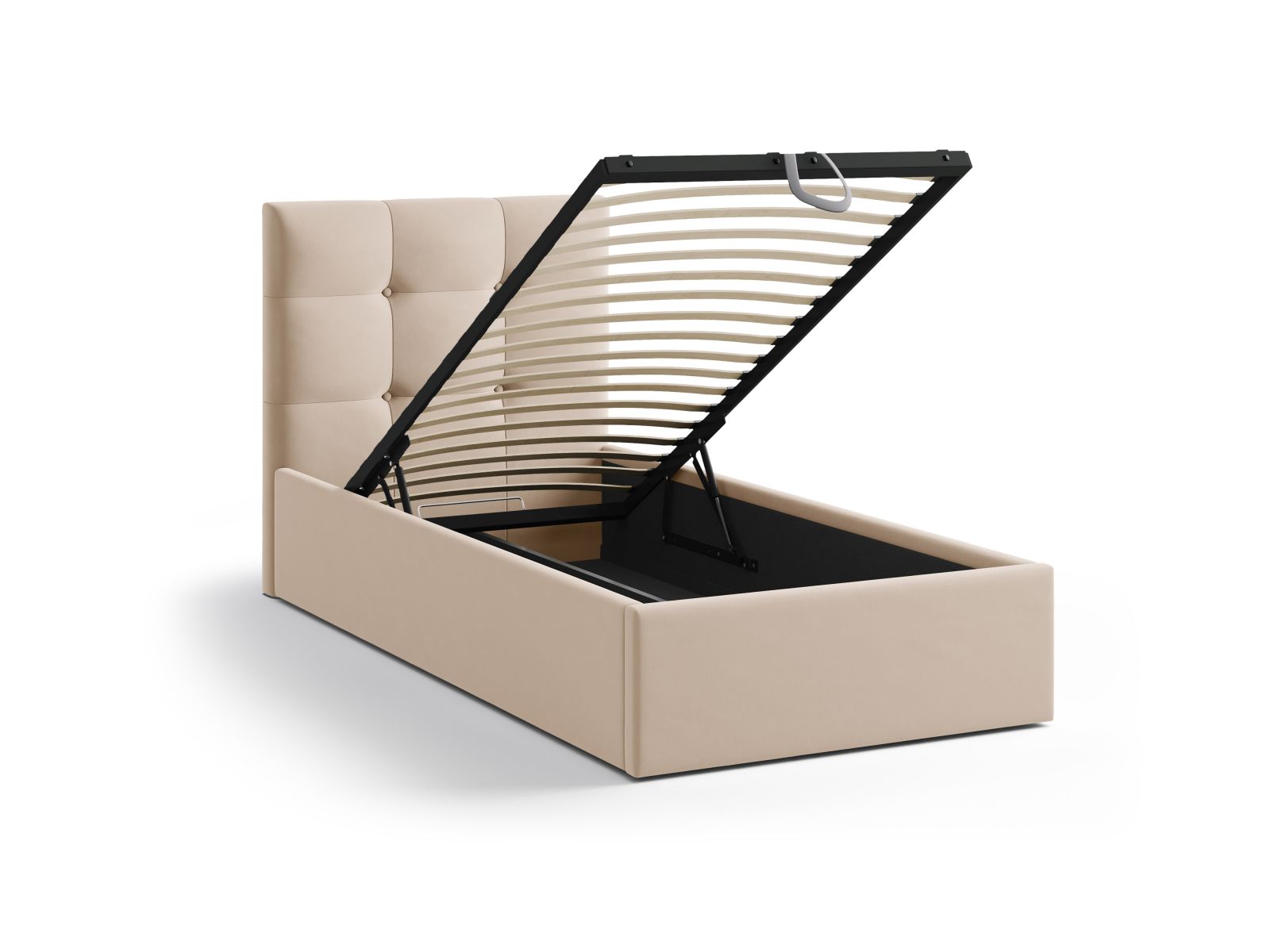 Stylisches Phaedra Bett in 90 cm, ausgestattet mit praktischem Stauraum und einem modernen Kopfteil in sanftem Almond Beige aus hochwertigem Magic Velvet.