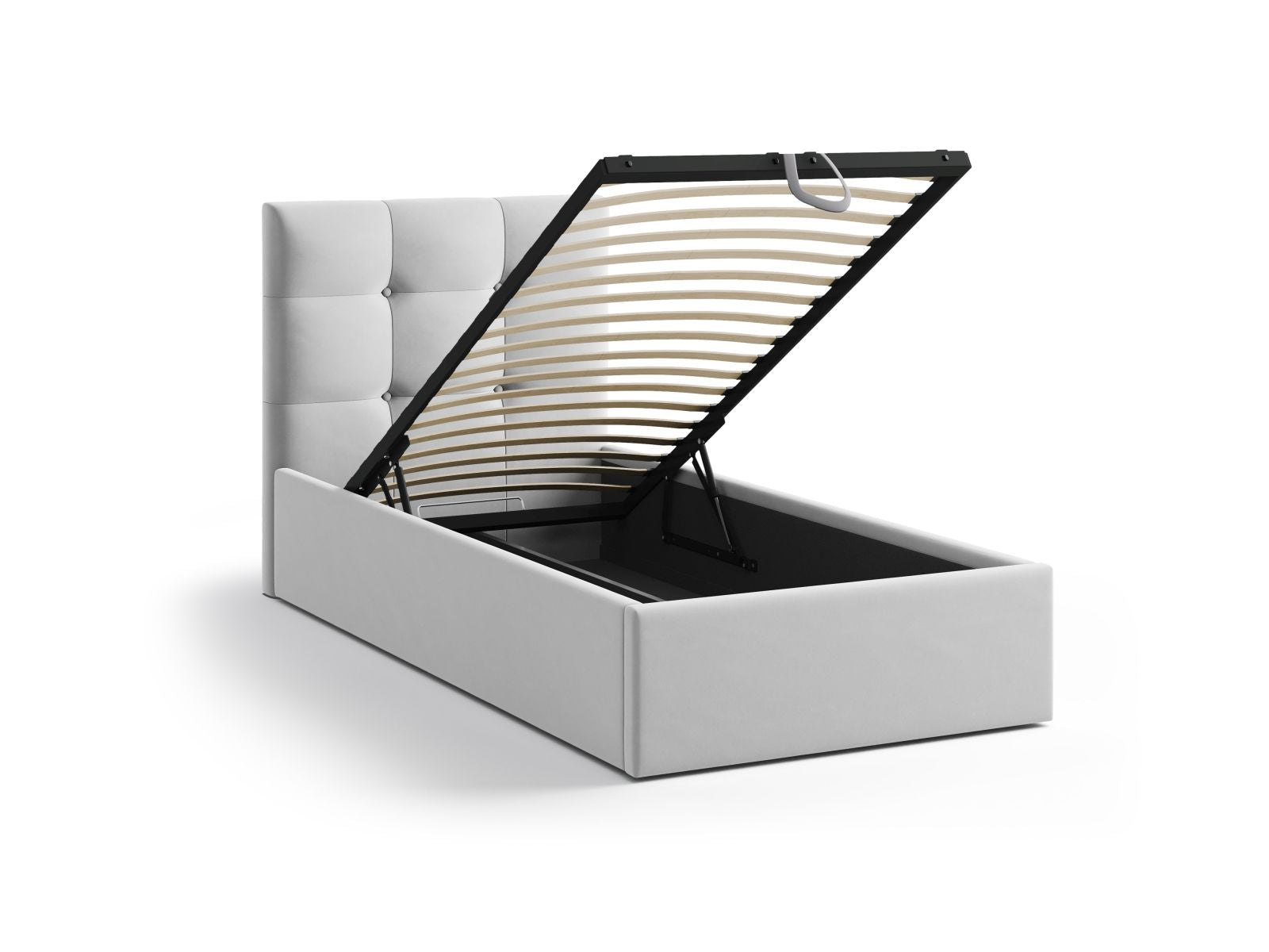 Stylisches Phaedra Bett in sanftem Grau, 90 cm, ausgestattet mit praktischem Stauraum und einem modernen Kopfteil für ein elegantes Schlafzimmer.
