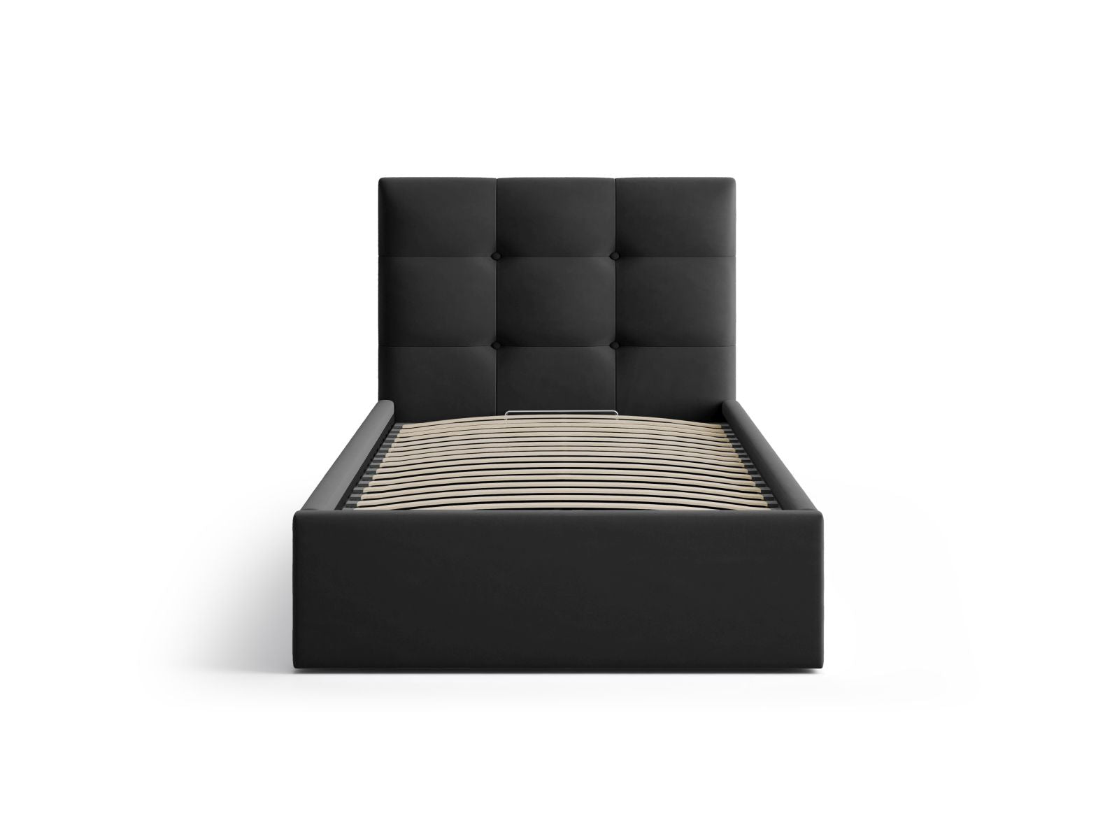 Elegantes Phaedra Bett mit 90 cm Breite, Kopfteil und praktischem Stauraum in edlem Black-Magic Velvet, ideal für stilvolle Schlafzimmer.