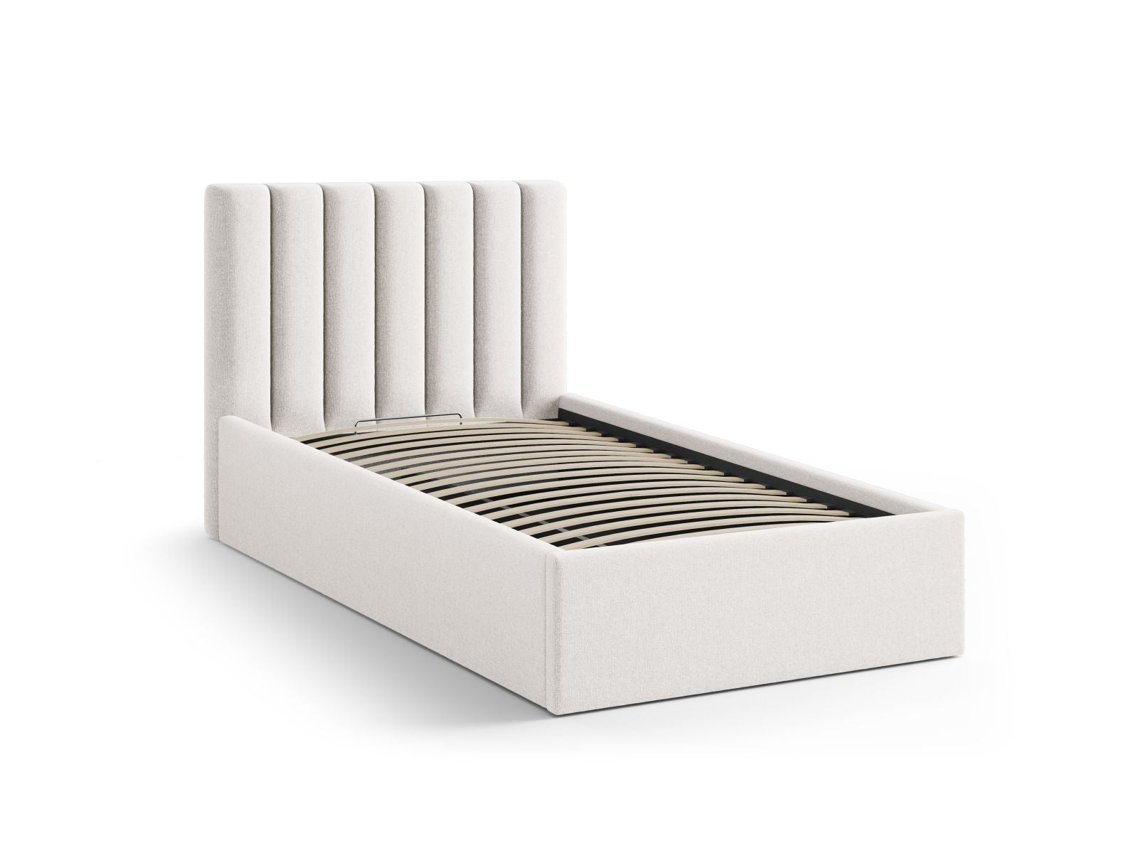 Elegantes 90 cm breites Bett "Allison" von Micadoni, mit praktischem Stauraum und geschmackvollem Kopfteil in sanftem Beige.