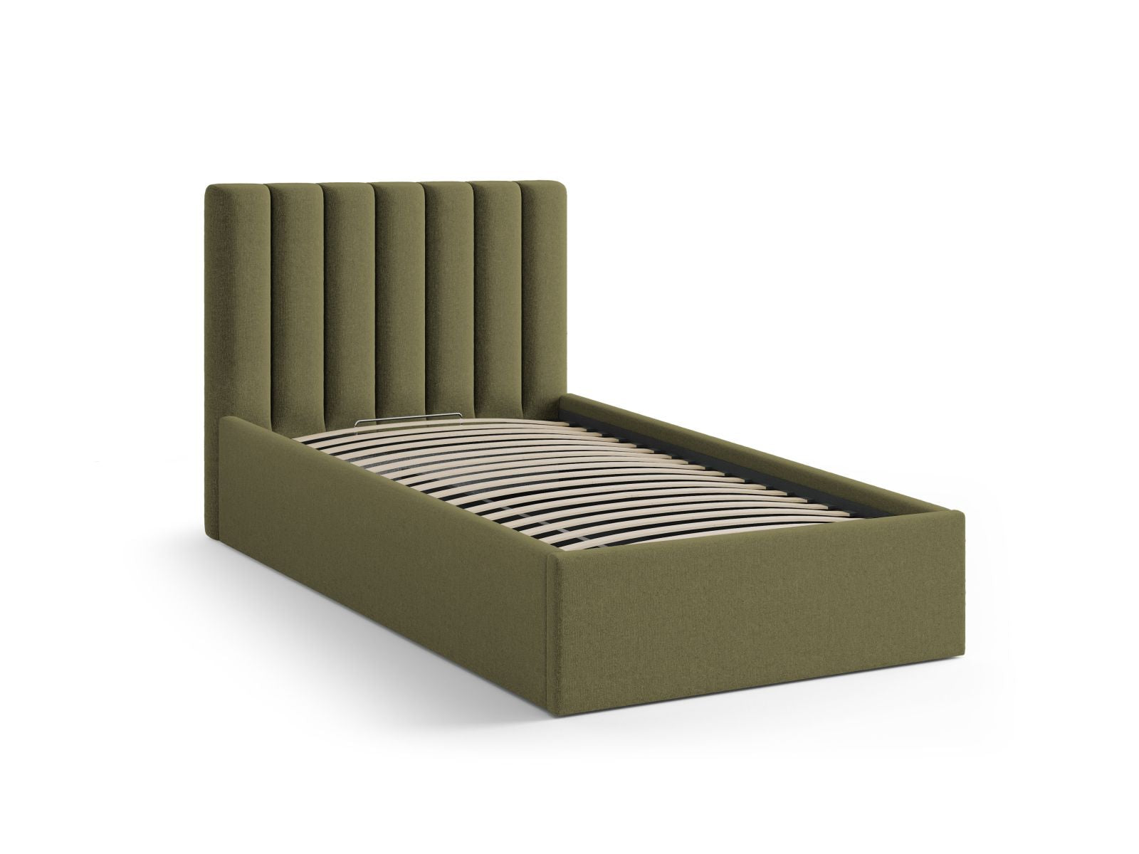 Modernes 90 cm breites Bett von Micadoni, ausgestattet mit einem eleganten Kopfteil und praktischem Stauraum in ansprechendem Green-Moly.