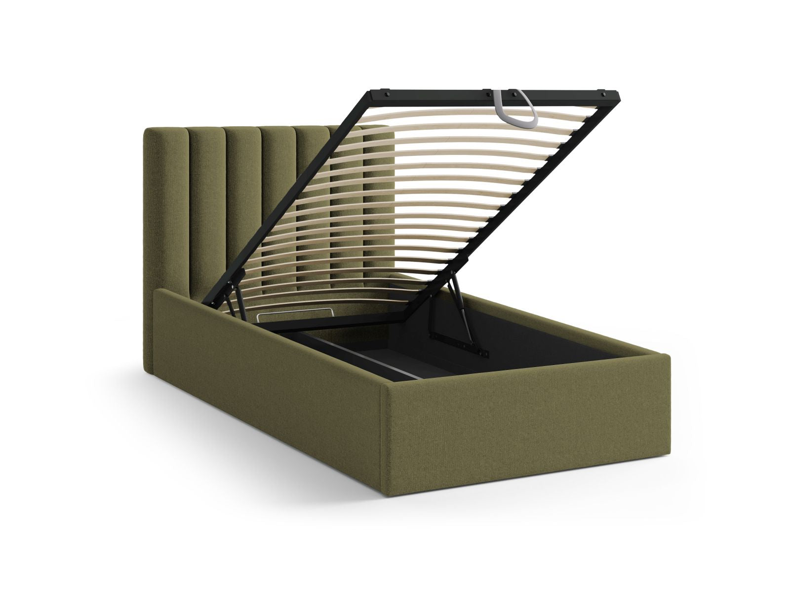 Stylisches 90 cm Bett von Micadoni mit Kopfteil und cleverem Stauraum, ideal für kleine Räume in trendigem Green-Moly.