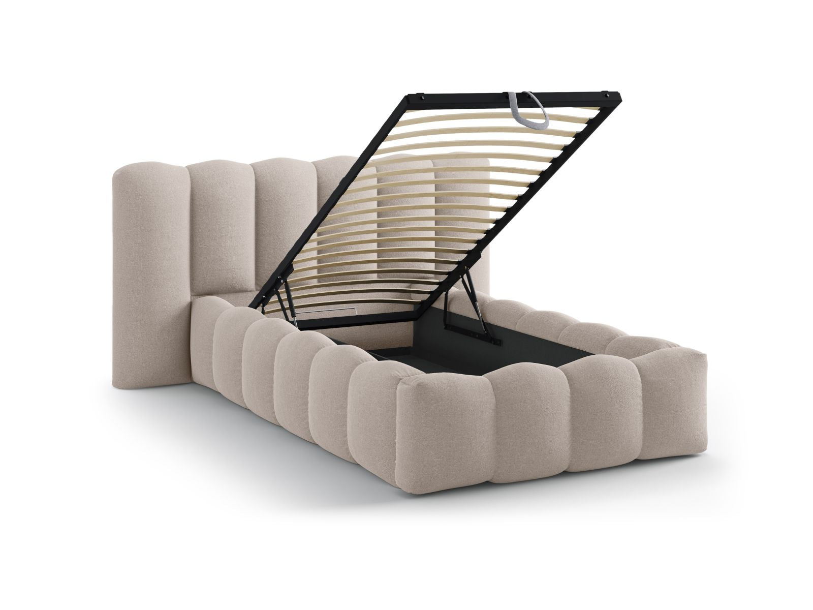 Stylisches Micadoni Bett Lupine mit 90 cm Breite, ausgestattet mit praktischem Stauraum und einem ansprechenden Kopfteil für moderne Schlafzimmer.