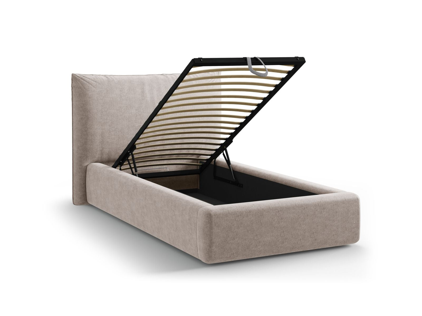 Stylisches Kaelle Bett mit 90 cm Breite, bietet cleveren Stauraum und ein geschmackvolles Kopfteil in sanftem Beige, perfekt für jedes Schlafzimmer.