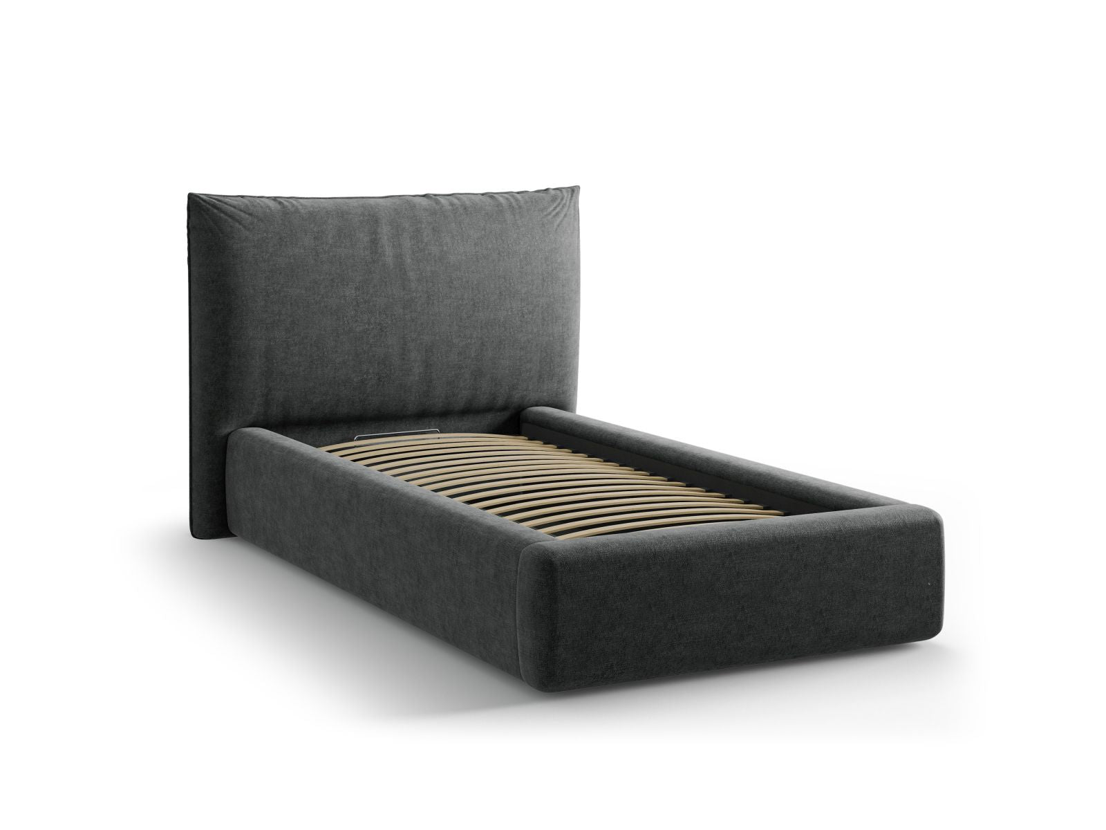 Stylisches Kaelle Bett in Dunkelgrau, 90 cm breit, mit gepolstertem Kopfteil und cleverem Stauraum für eine aufgeräumte Schlafumgebung.
