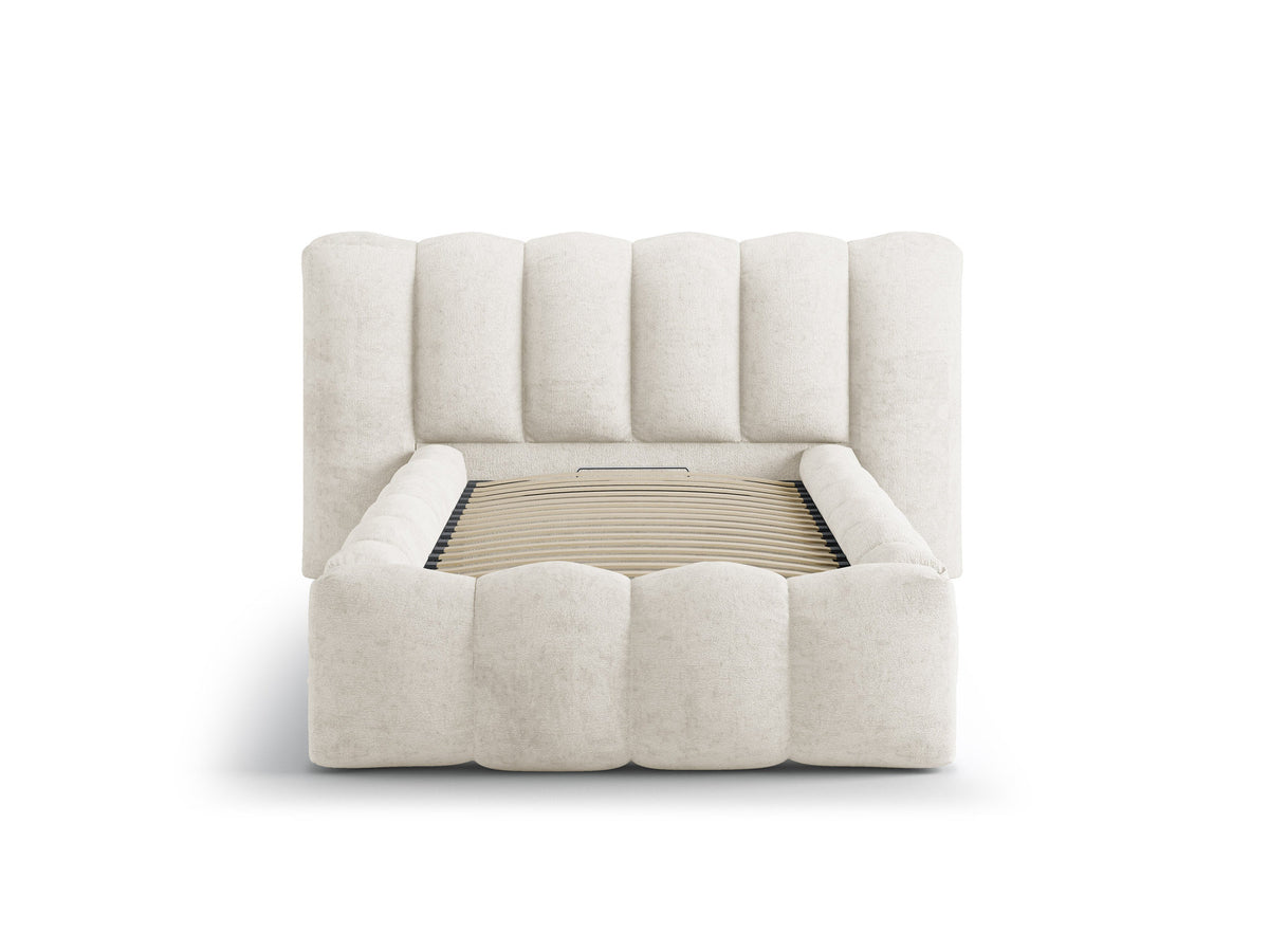 Lupine Stauraumbett mit Kopfteil 90 x 200 cm von Micadoni in Light Beige-Moly, Metallrahmen mit Sperrholzlatten und schwarzen Kunststoffbeinen.