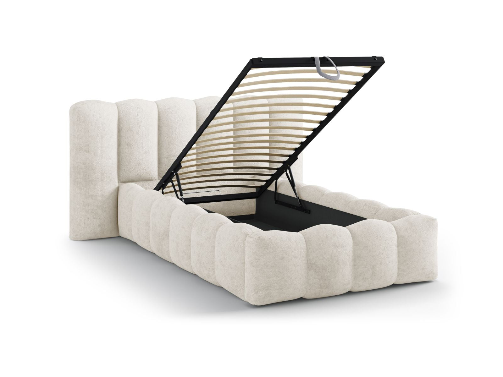 Modernes Lupine Bett von Micadoni in 90 cm, ausgestattet mit praktischem Stauraum und einem geschmackvollen Kopfteil in sanftem Beige.