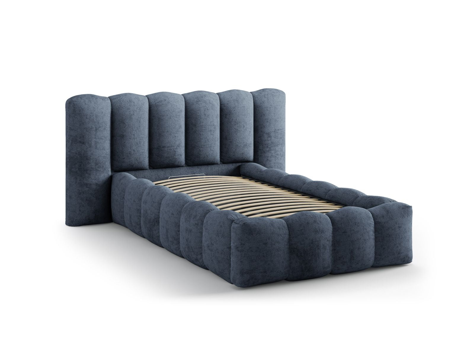 Stylisches Micadoni Bett Lupine in Dunkelblau, 90 cm breit, bietet cleveren Stauraum und ein elegantes Kopfteil für jedes Schlafzimmer.