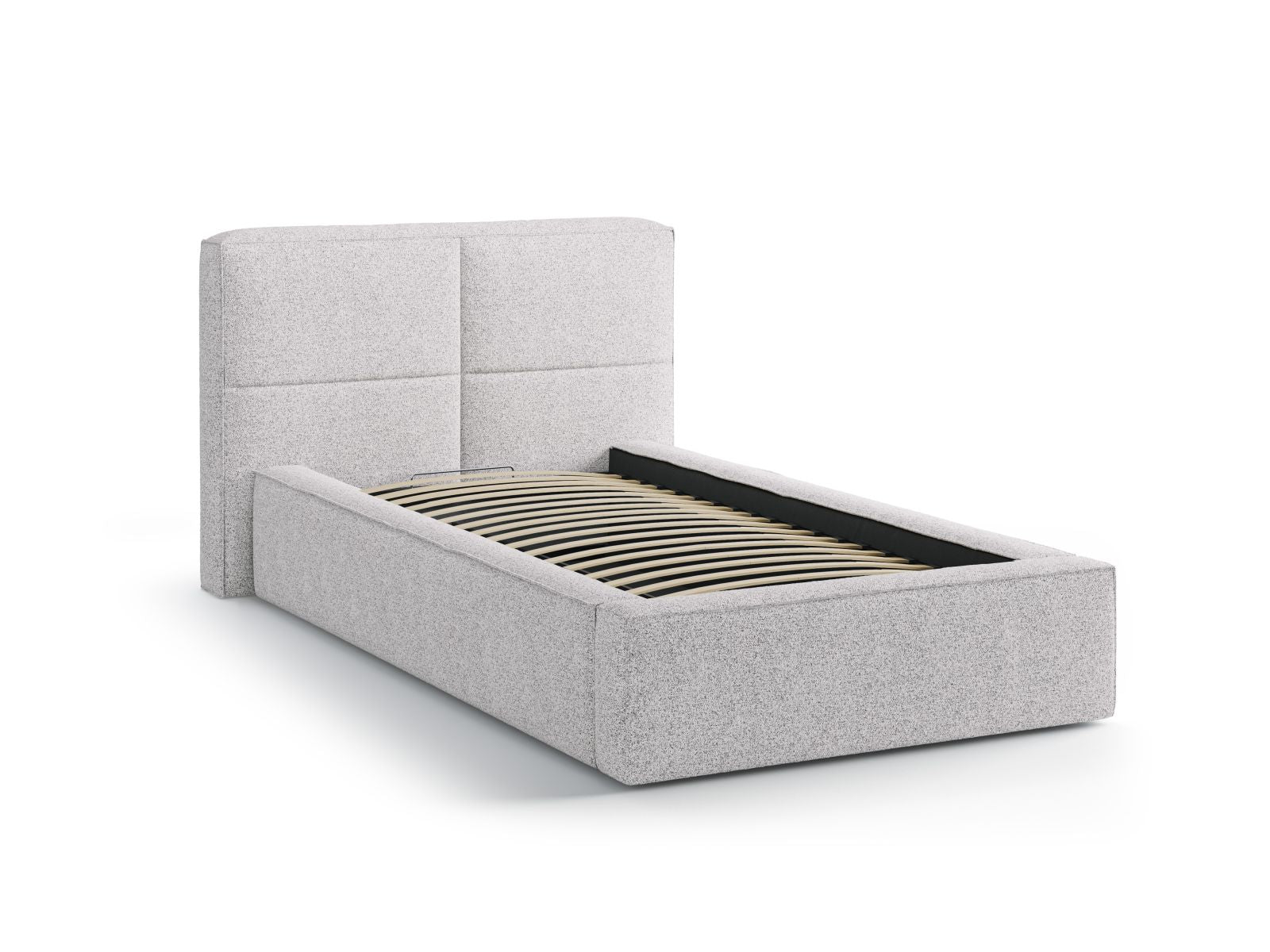 Stylisches Bett Darren in 90 cm Breite mit praktischem Stauraum und elegantem Kopfteil in modernem Light Grey Melange von Micadoni.