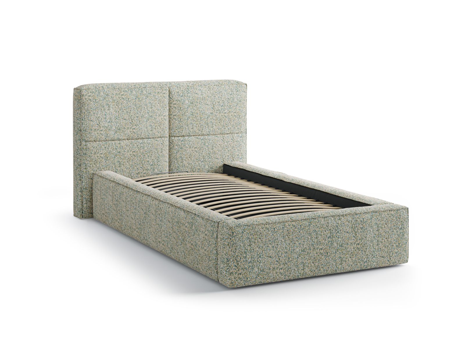 Modernes Bett Darren in 90 cm Höhe mit praktischem Stauraum, in ansprechendem Moss Green Melange für ein stilvolles Ambiente.
