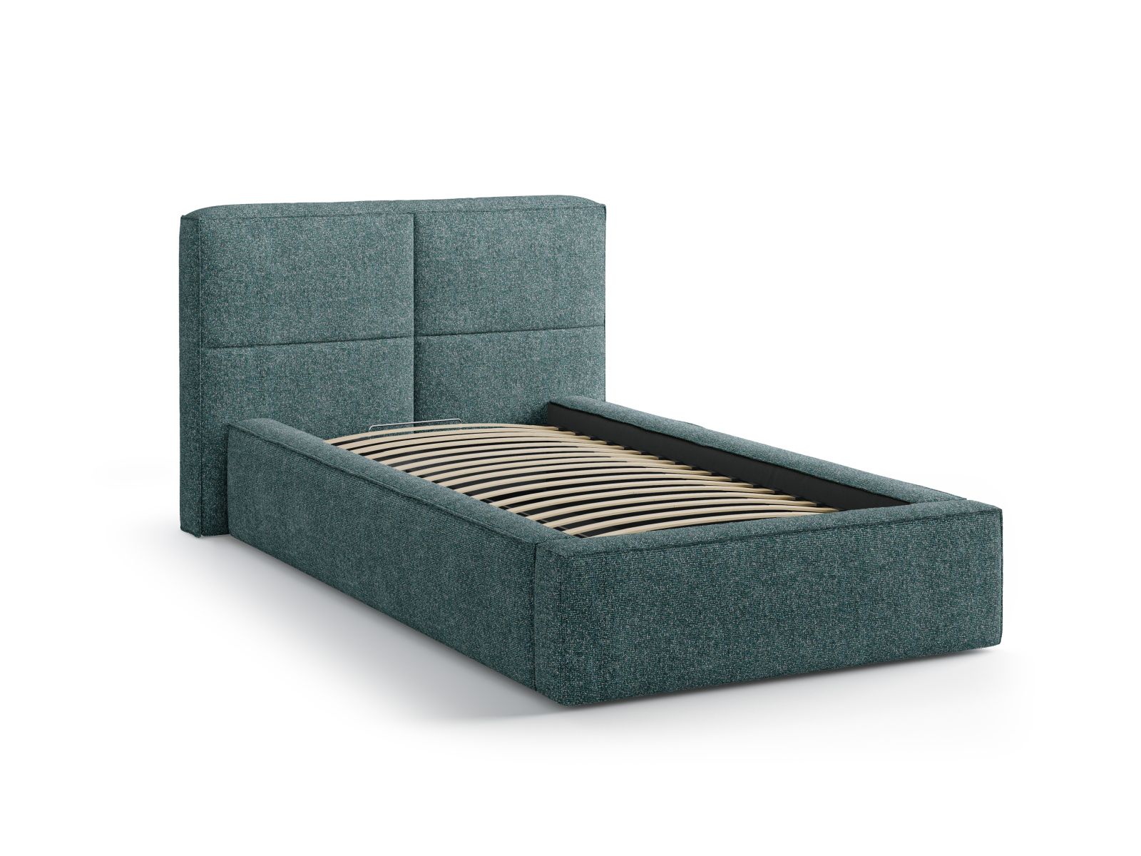 Modernes Bett Darren mit 90 cm hohem Kopfteil und praktischem Stauraum in ansprechendem Green Blue Melange, ideal für jedes Schlafzimmer.