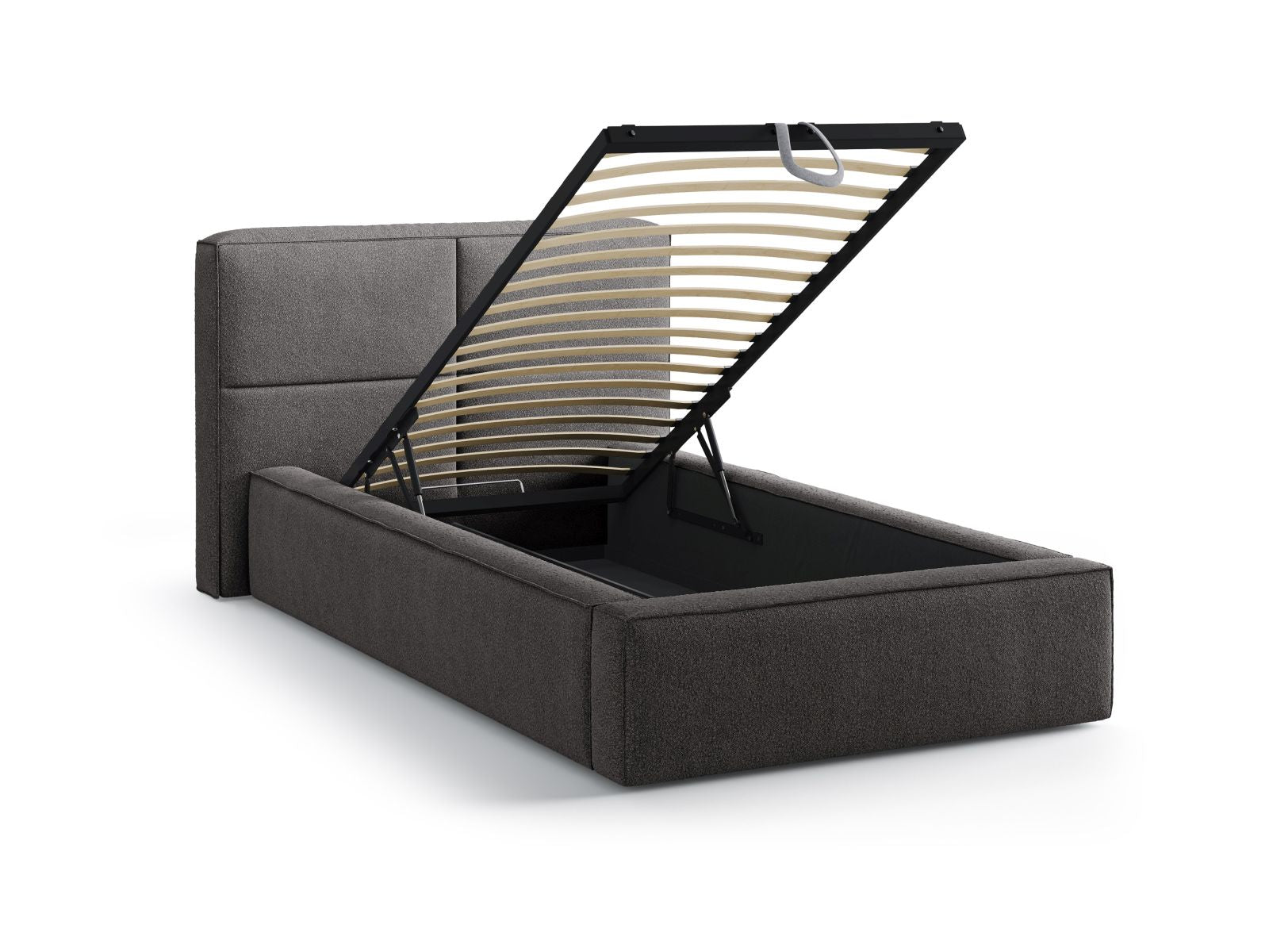 Elegantes Bett Darren mit 90 cm Breite, ausgestattet mit einem stilvollen Kopfteil und praktischem Stauraum in Graphit für optimale Raumnutzung.