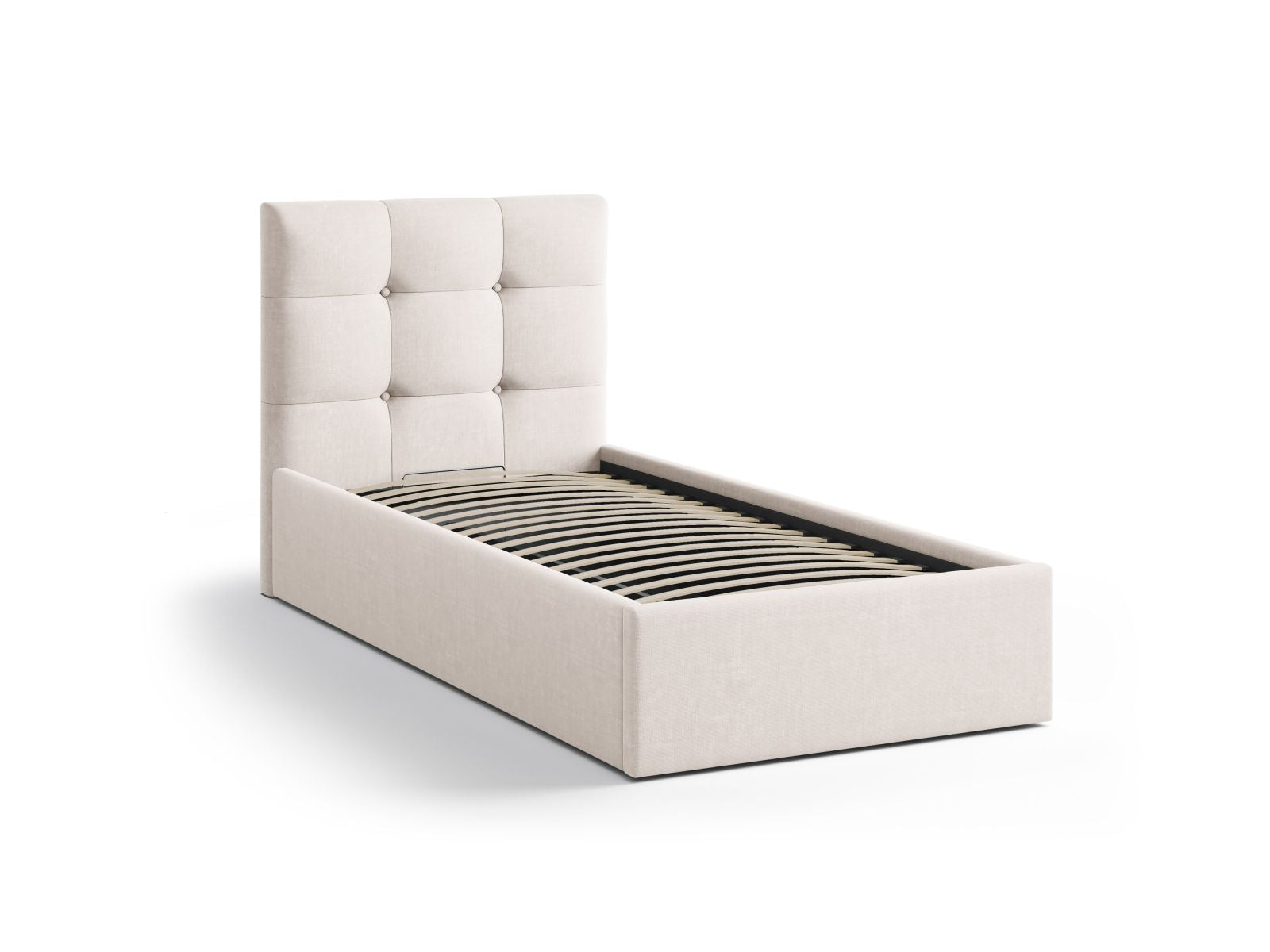 Elegantes Phaedra Bett in 90 cm Breite, ausgestattet mit praktischem Stauraum und einem stilvollen Kopfteil in Beige-Liberty, ideal für moderne Schlafzimmer.