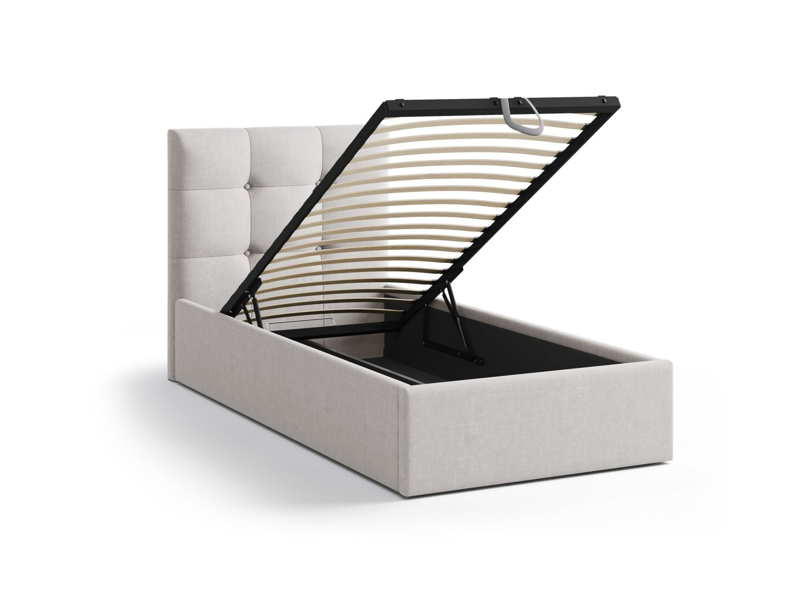 Stylisches Phaedra Bett in sanftem Grau, 90 cm, bietet cleveren Stauraum und ein modernes Kopfteil für eine stilvolle Schlafumgebung.