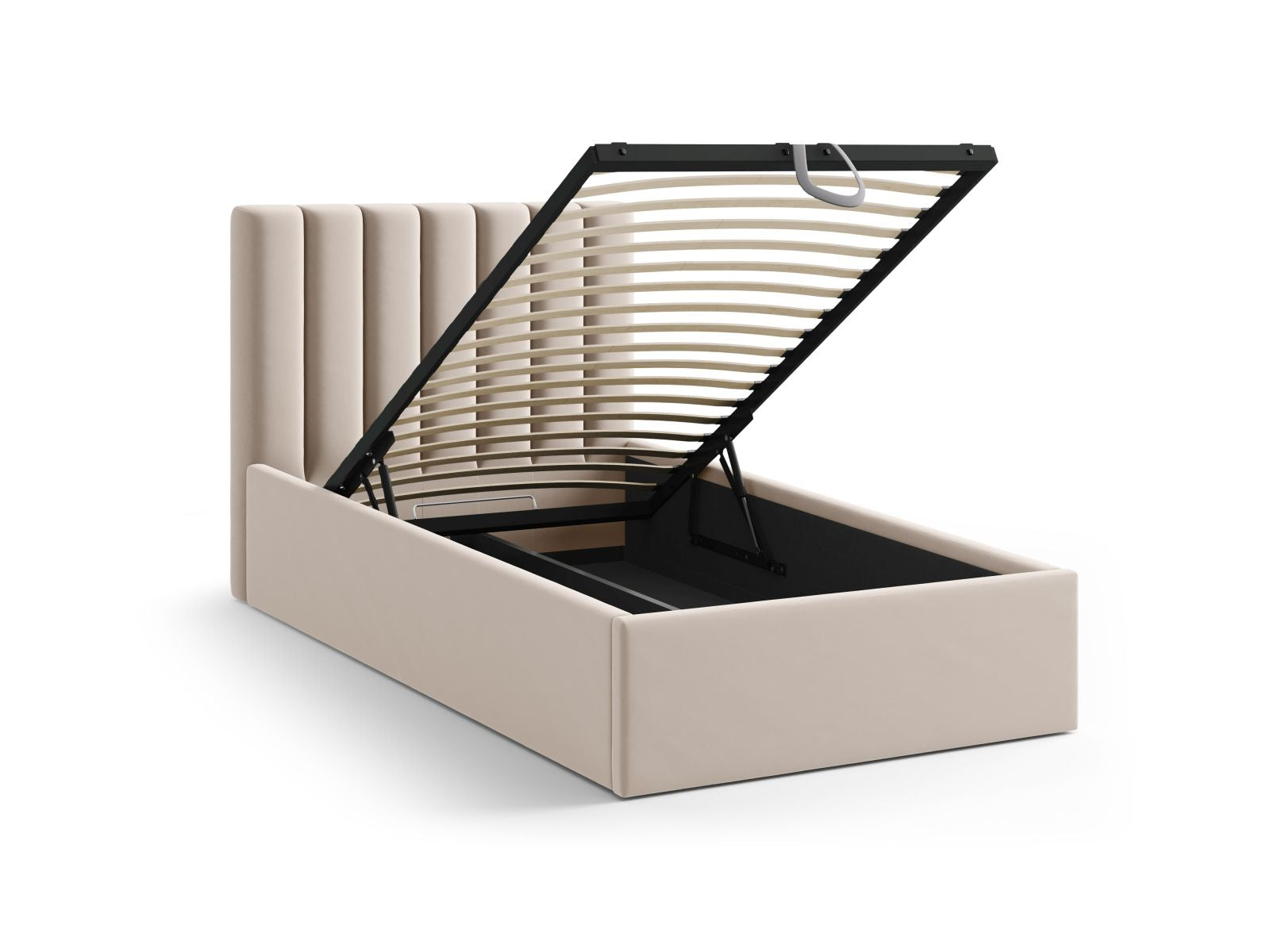 Elegantes 90 cm Bett Allison von Micadoni, bietet praktischen Stauraum und ein geschmackvolles Kopfteil in dunkelbeige.