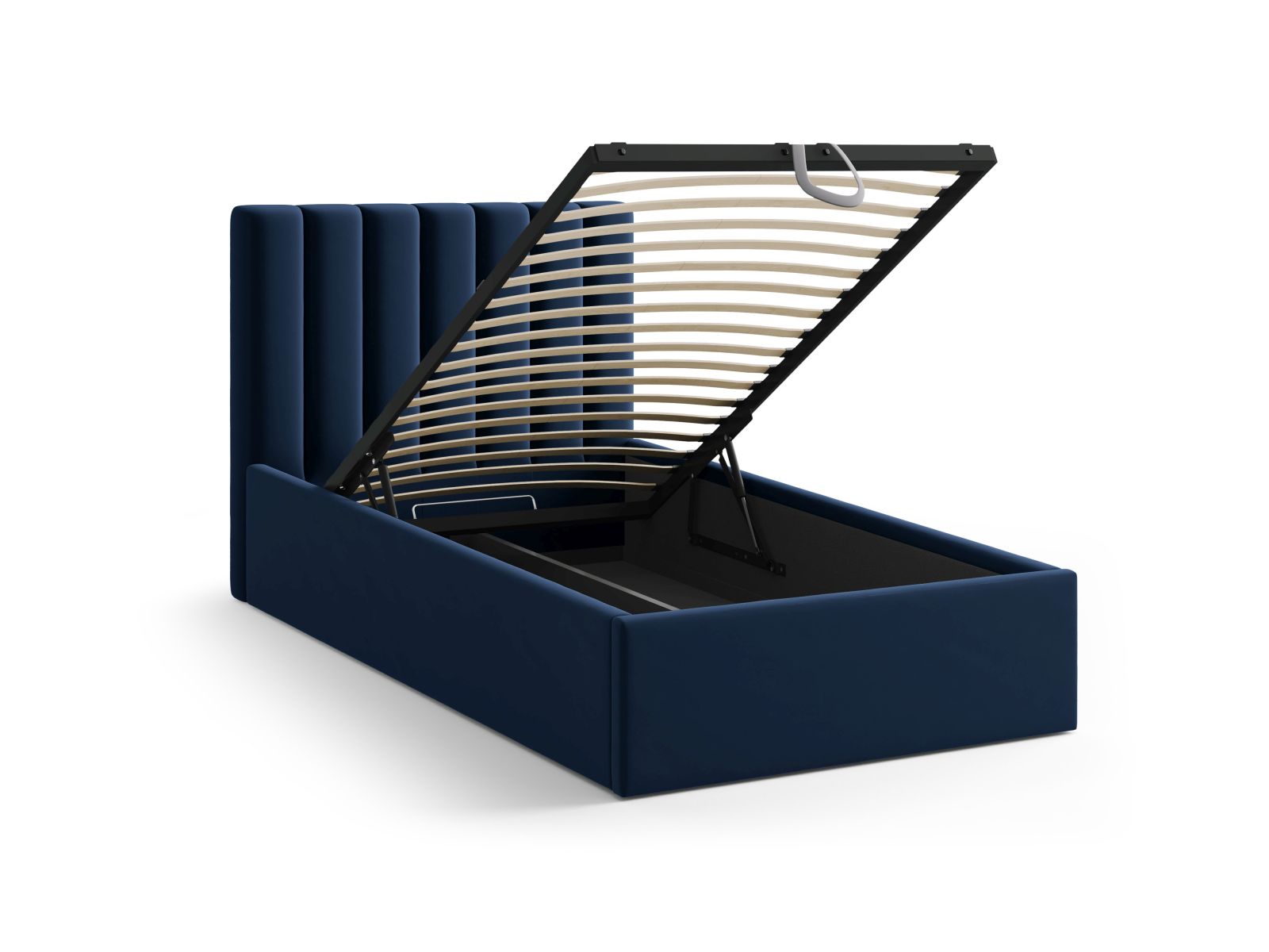 Stylisches Allison Bett in Royal Blue, 90 cm, mit praktischem Stauraum und modernem Kopfteil für ein elegantes Schlafzimmerdesign.