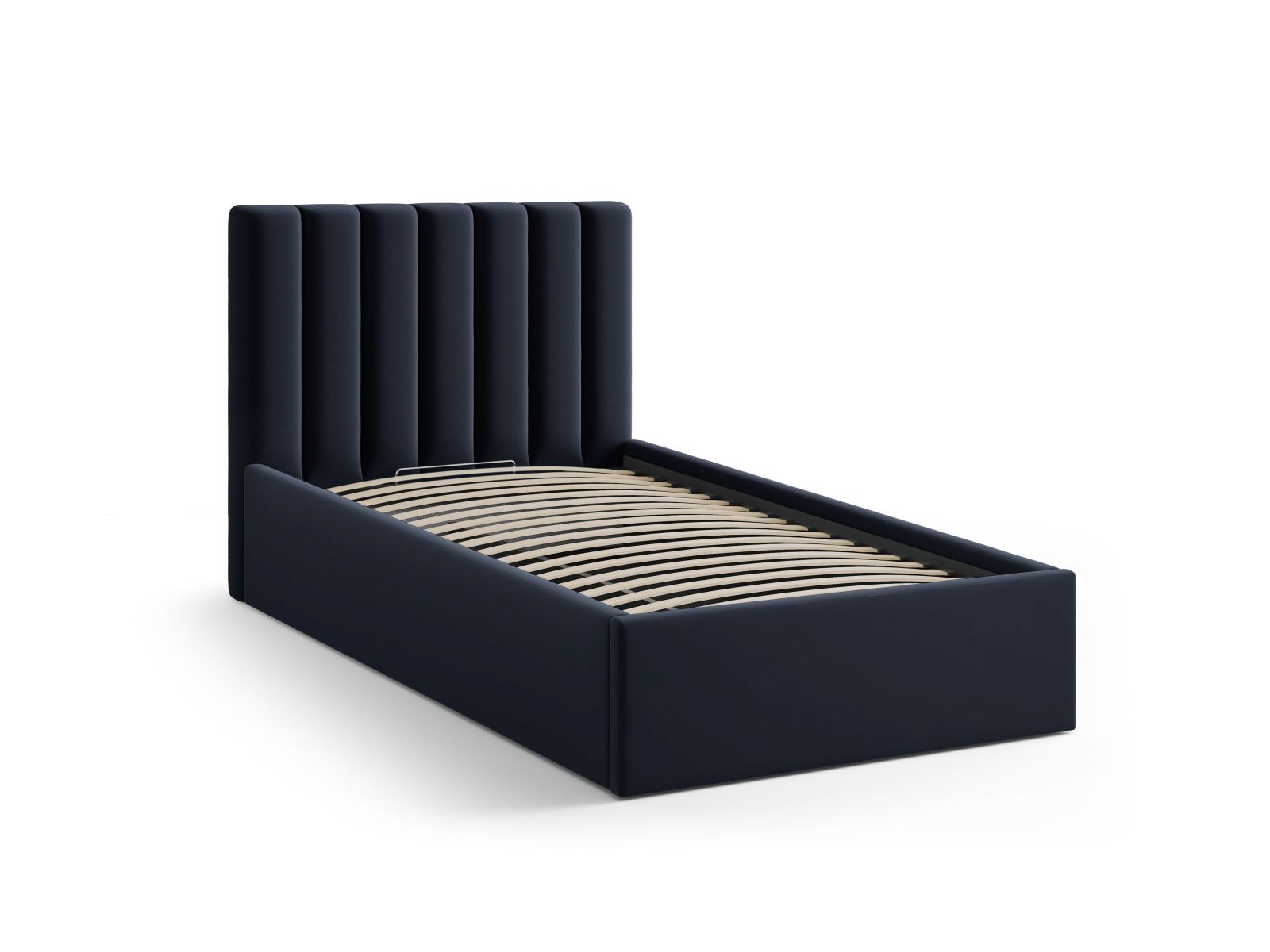 Modernes 90 cm breites Bett Allison von Micadoni, ausgestattet mit praktischem Stauraum und elegantem Kopfteil in Dunkelblau.