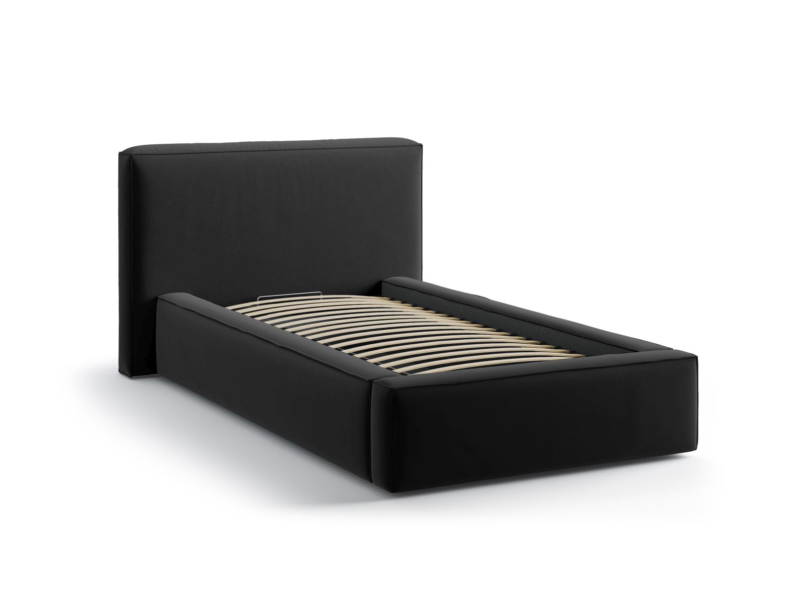Modernes Jodie Bett in 90 cm Breite, ausgestattet mit praktischem Stauraum und elegantem Kopfteil in Black-Bluvel, ideal für stilvolle Schlafzimmer.