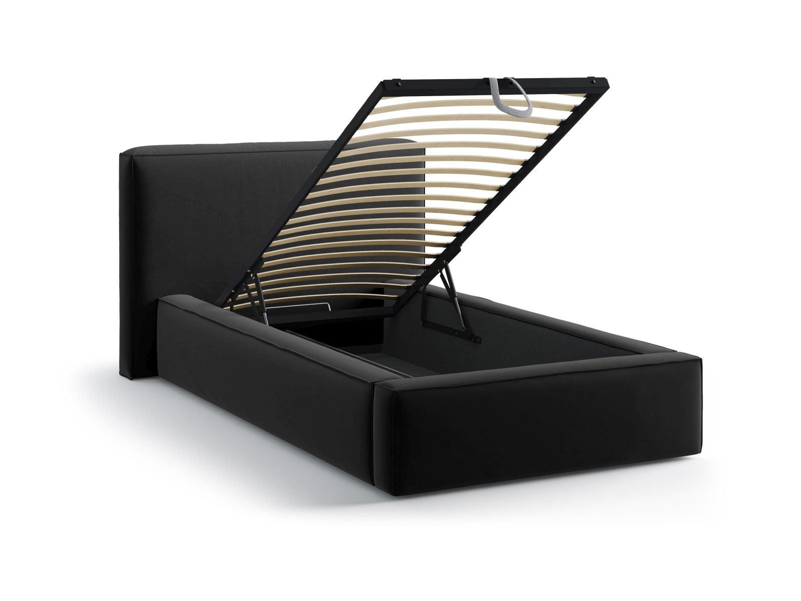 Elegantes Jodie Bett mit 90 cm Breite, bietet praktischen Stauraum und ein stilvolles Kopfteil in Black-Bluvel, perfekt für moderne Schlafzimmer.